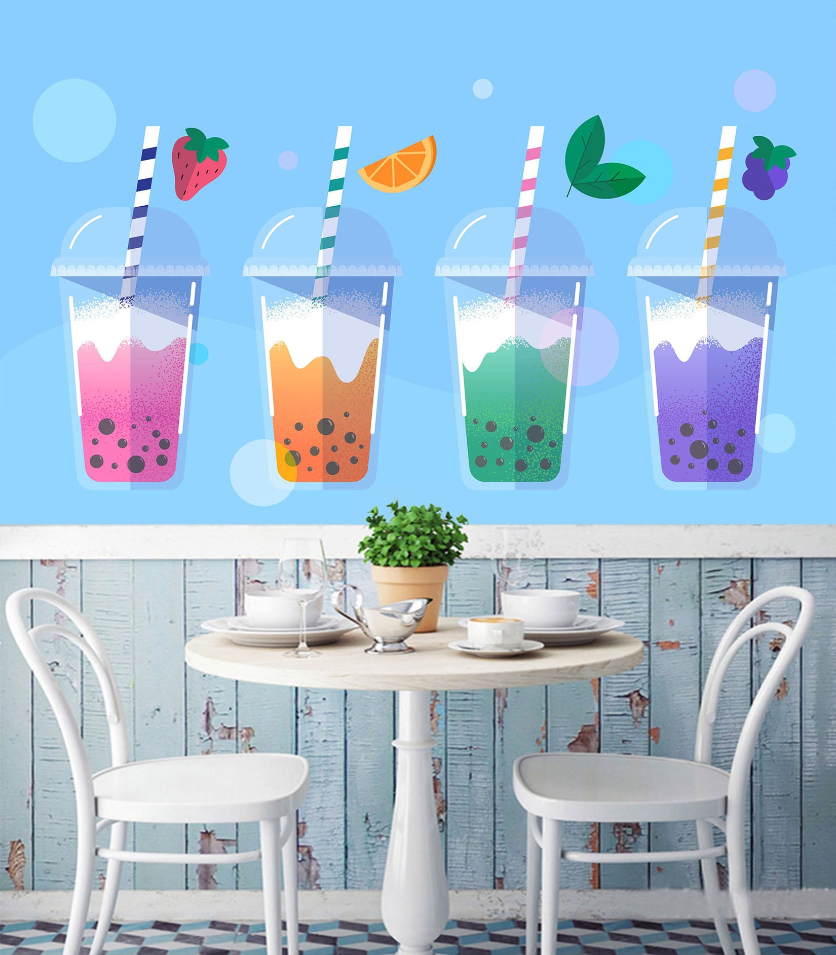 3D Pearl Tea 2034 Fruit Bubble Tea Milk Tea Shop Wall Murals