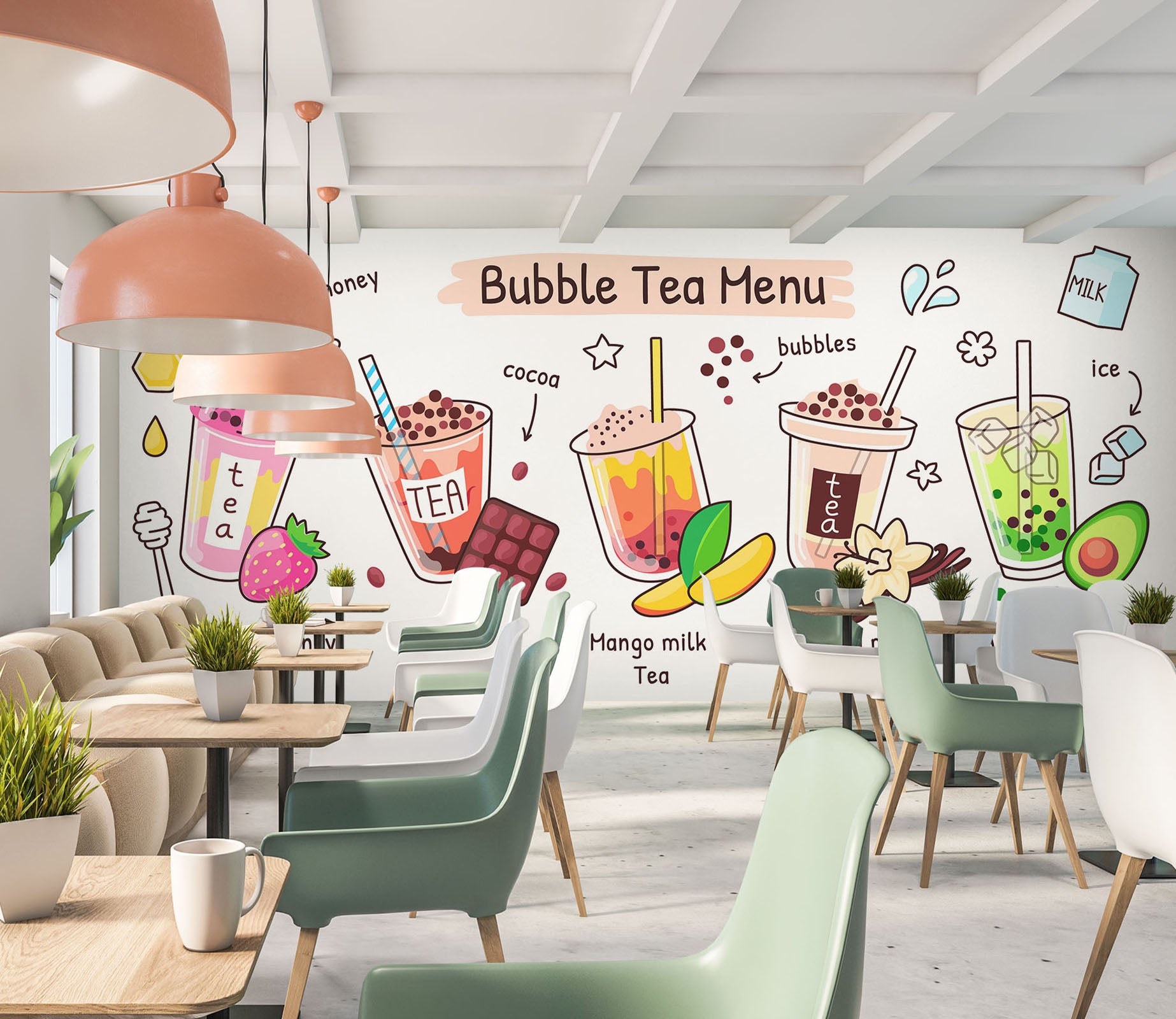 3D Pearl Tea 2002 Fruit Bubble Tea Milk Tea Shop Wall Murals