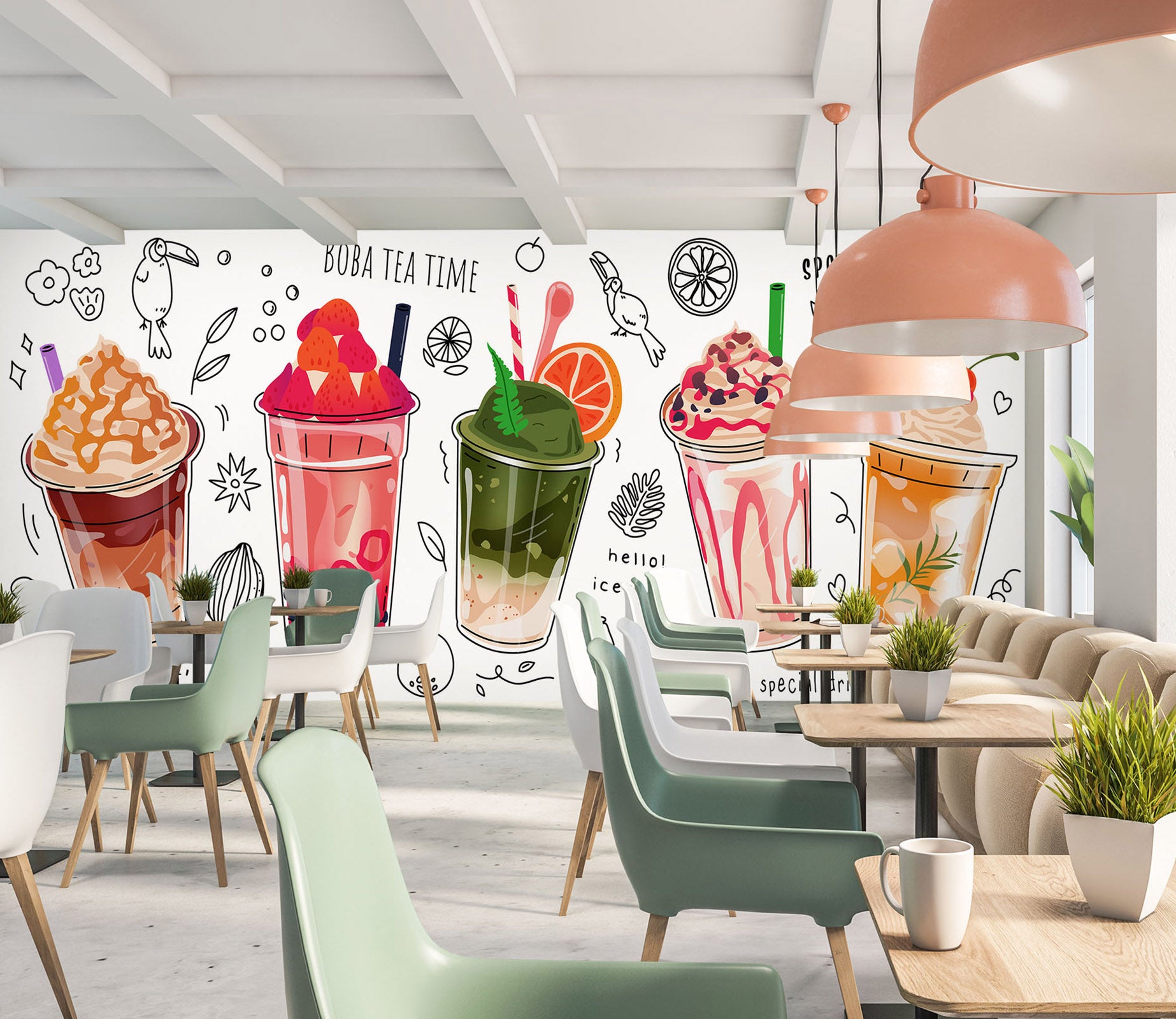 3D Pearl Tea 2084 Fruit Bubble Tea Milk Tea Shop Wall Murals