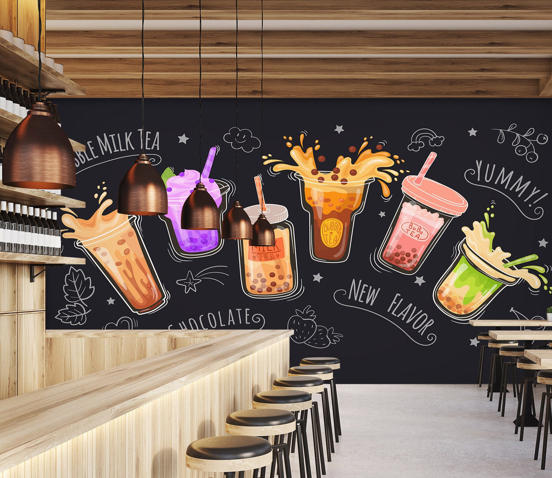 3D Pearl Tea 2086 Fruit Bubble Tea Milk Tea Shop Wall Murals