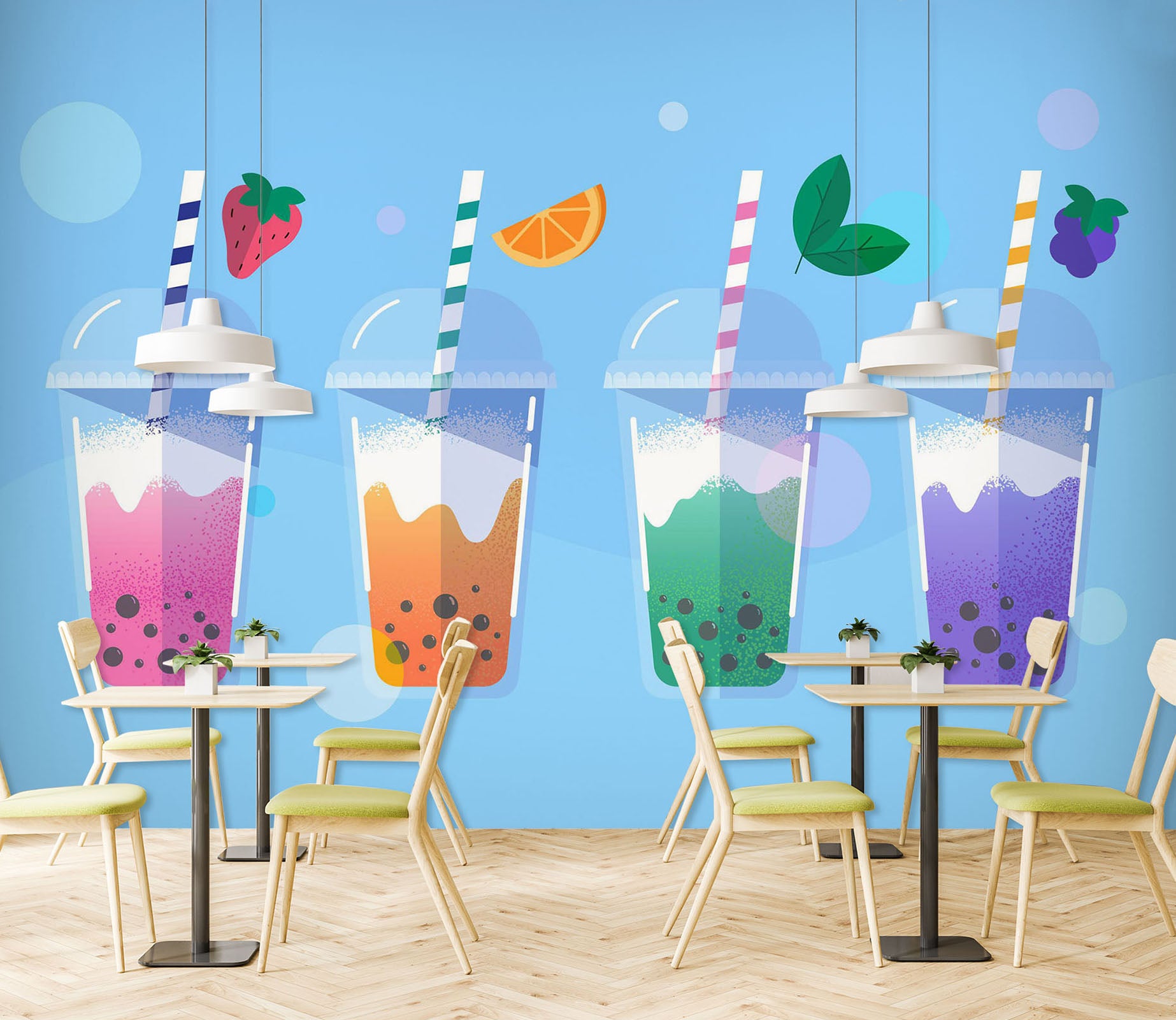 3D Pearl Tea 2034 Fruit Bubble Tea Milk Tea Shop Wall Murals