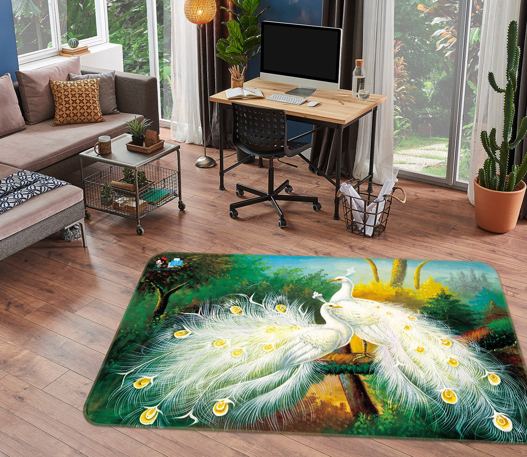 3D White Peacock 3068 Rug Non Slip Rug Mat