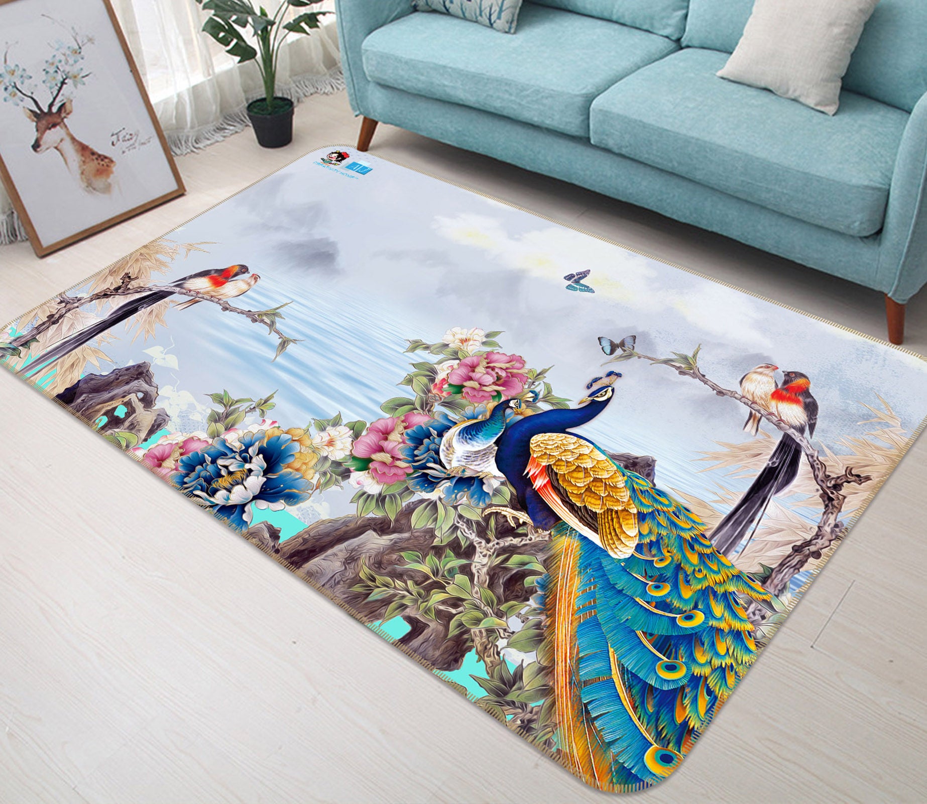 3D Peacock Peony 3022 Rug Non Slip Rug Mat