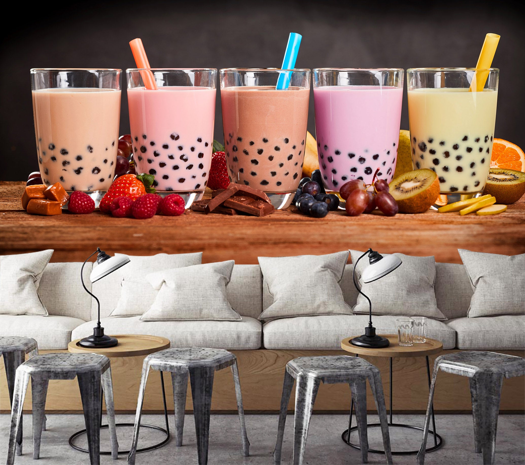 3D Pearl Tea 2037 Fruit Bubble Tea Milk Tea Shop Wall Murals