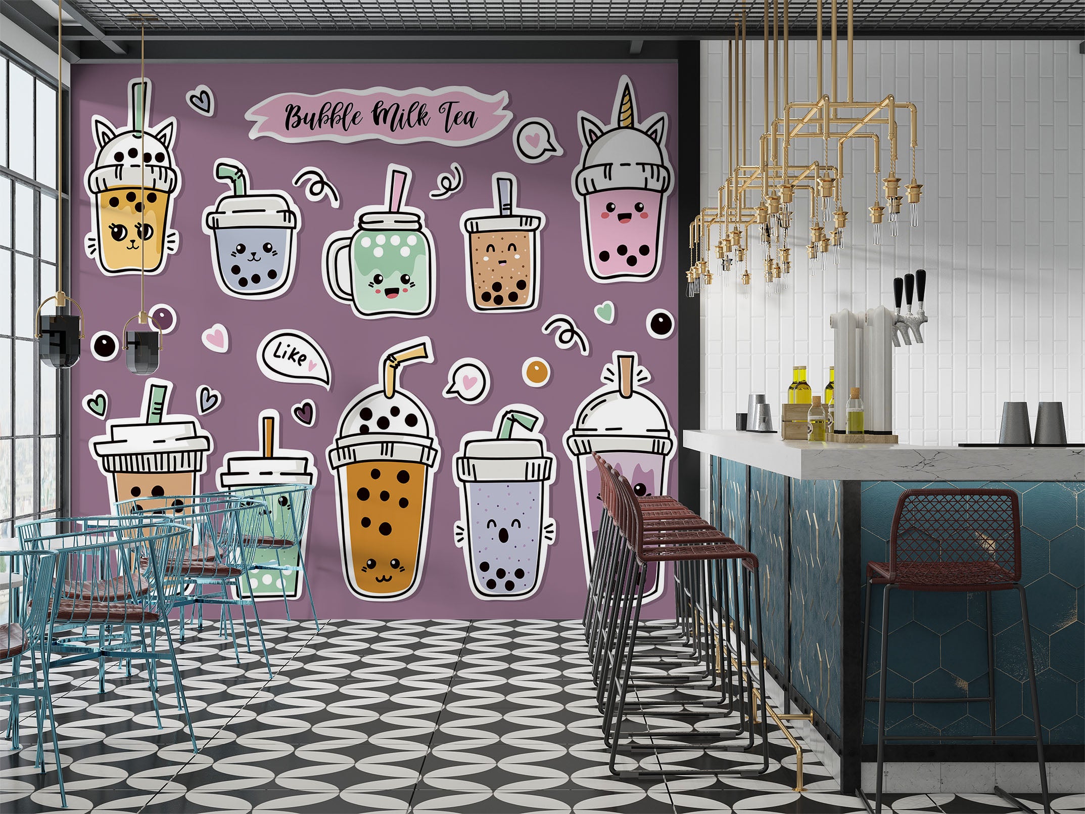 3D Pearl Tea 1005 Fruit Bubble Tea Milk Tea Shop Wall Murals