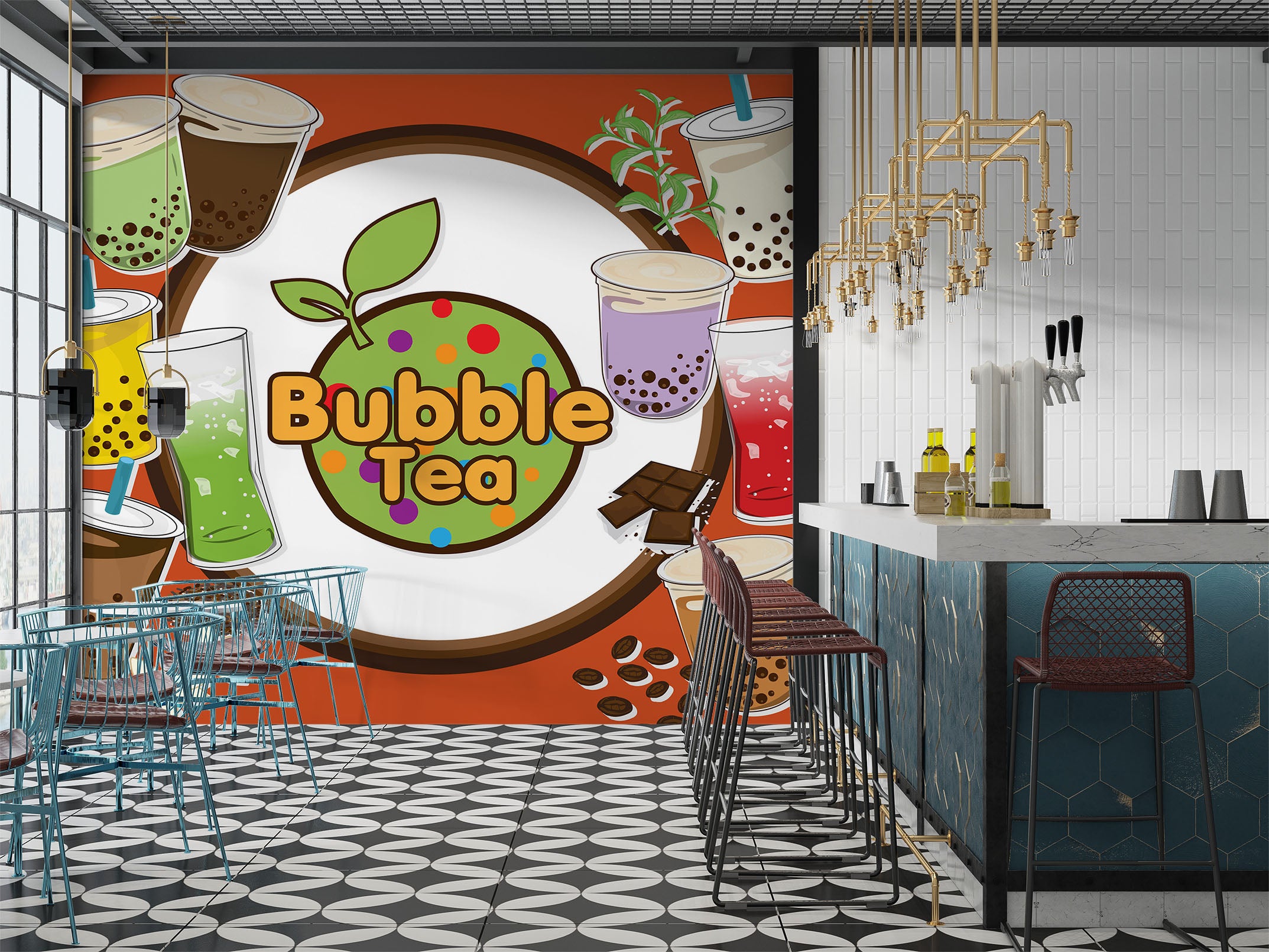 3D Pearl Tea 2045 Fruit Bubble Tea Milk Tea Shop Wall Murals