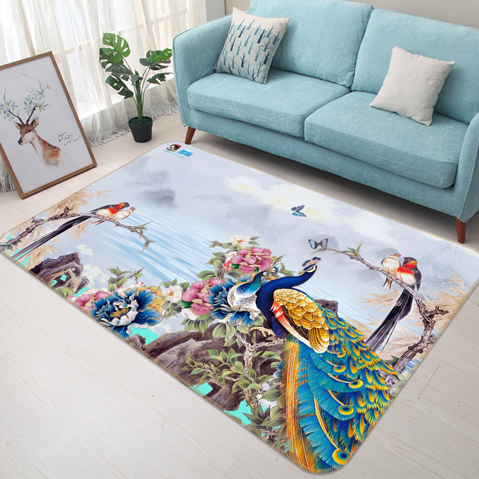 3D Peacock Peony 3022 Rug Non Slip Rug Mat