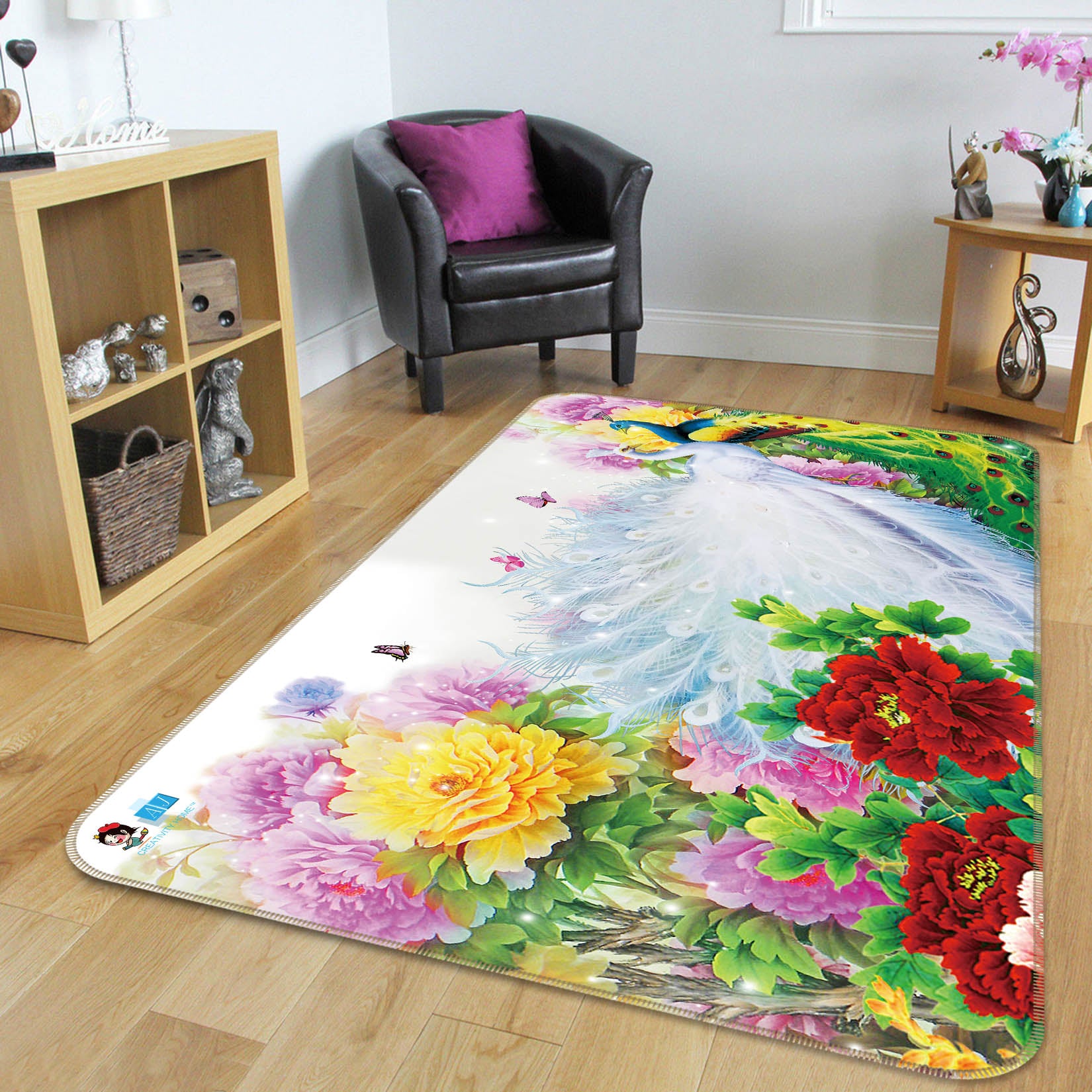 3D Peacock Peony 3032 Rug Non Slip Rug Mat