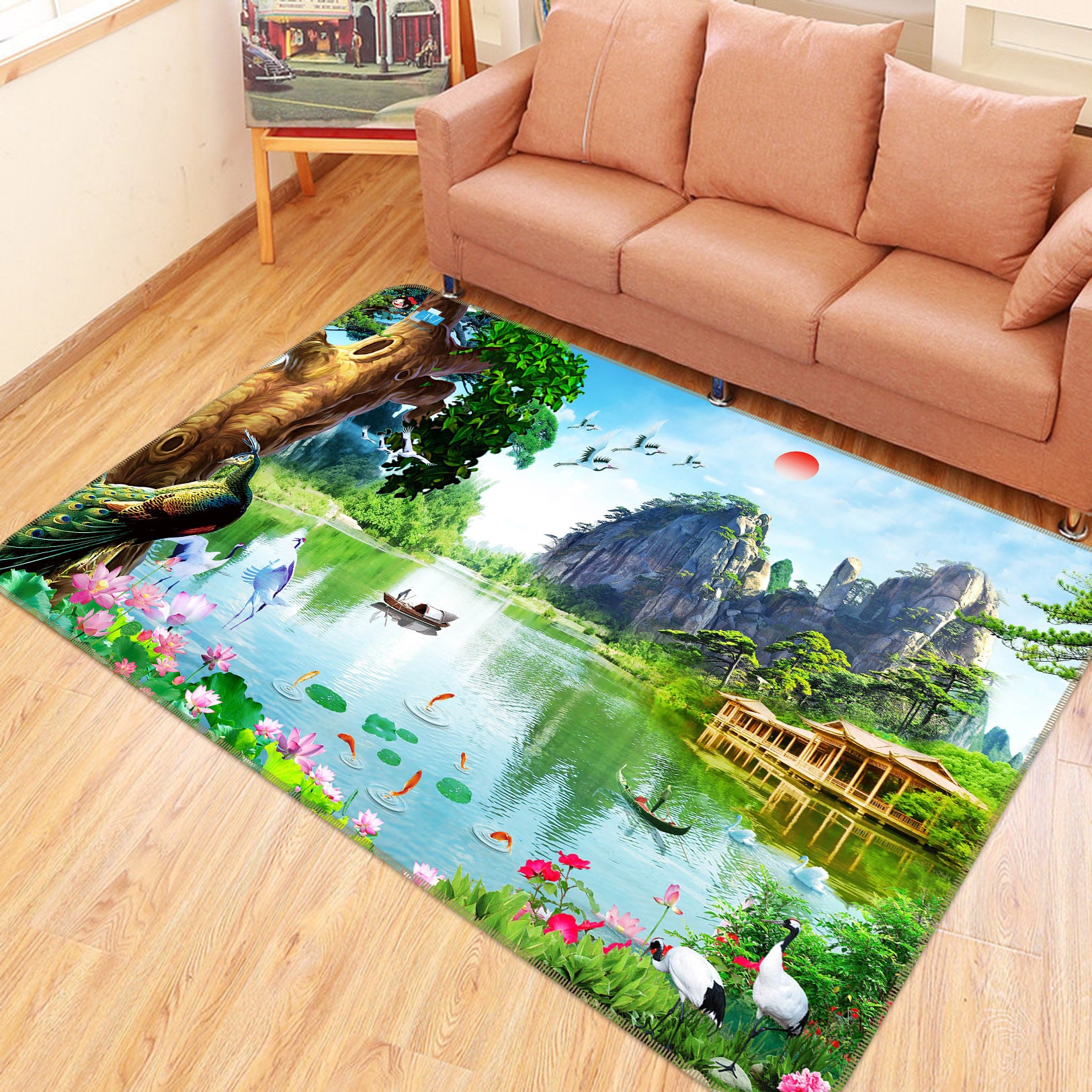 3D Peacock Lotus 3049 Rug Non Slip Rug Mat