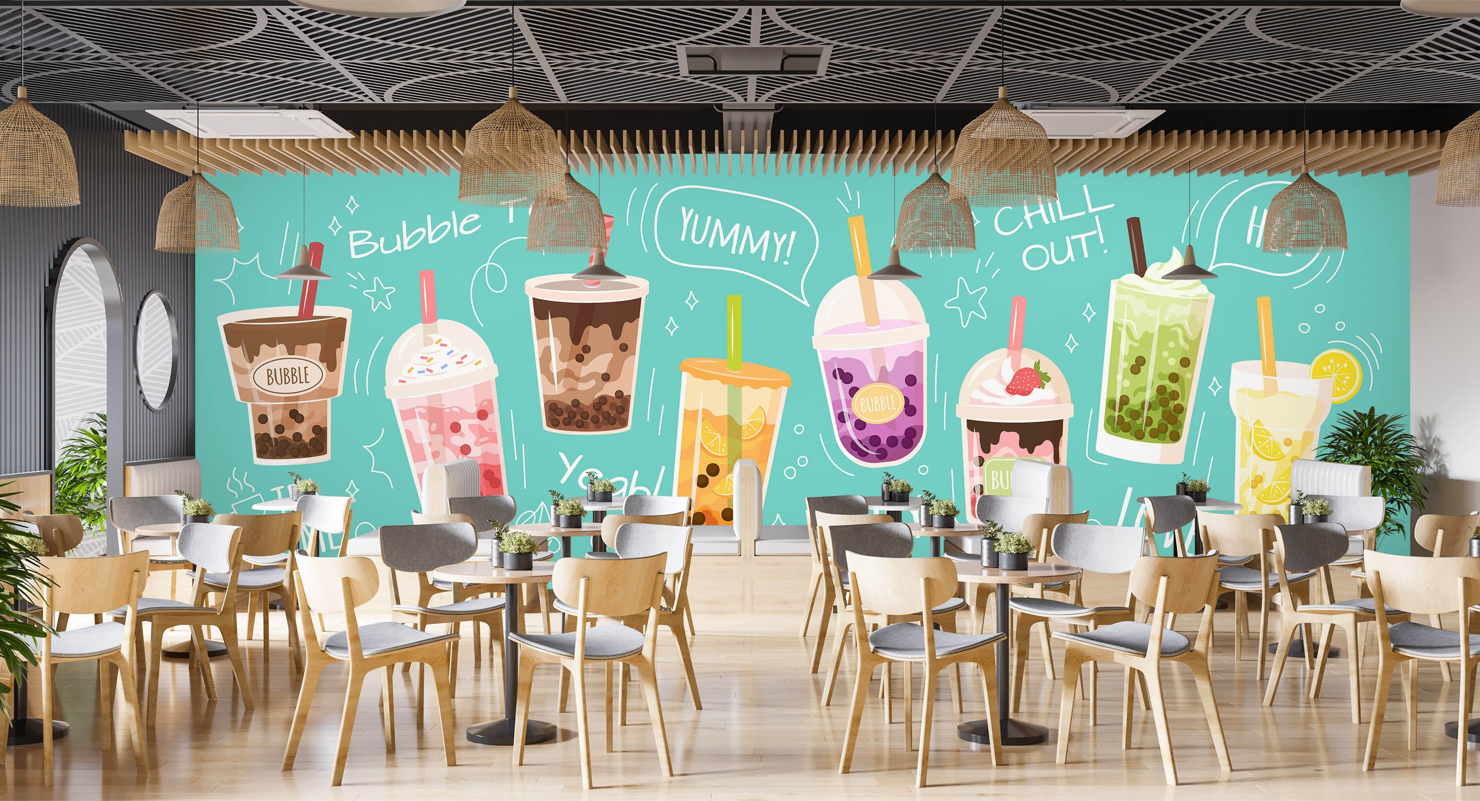 3D Pearl Tea 2088 Fruit Bubble Tea Milk Tea Shop Wall Murals