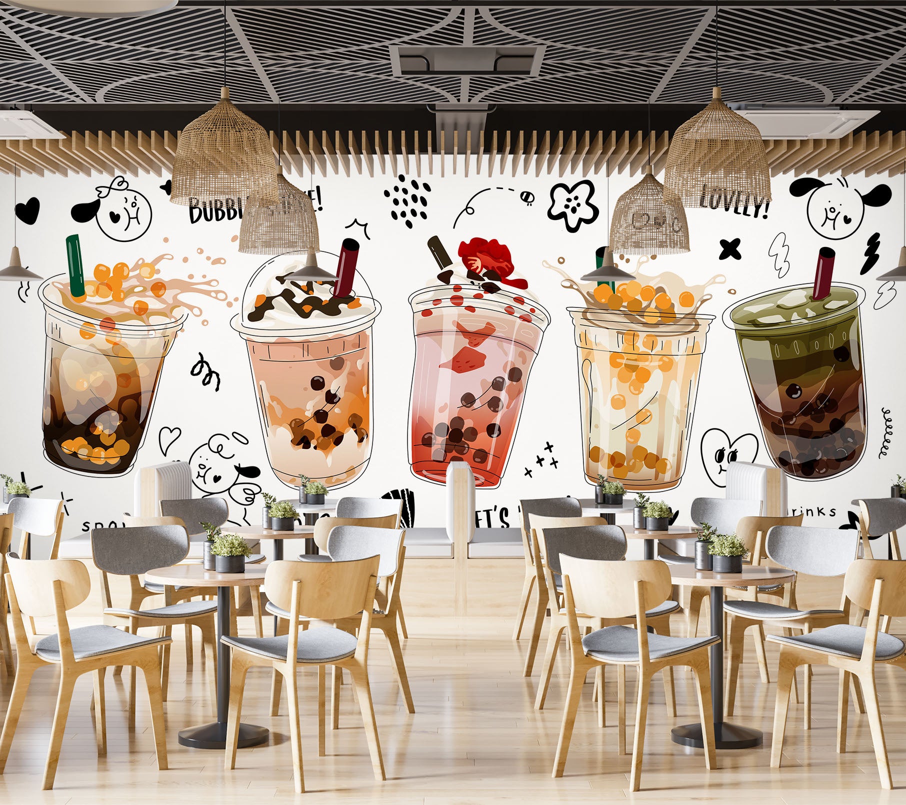 3D Pearl Tea 2071 Fruit Bubble Tea Milk Tea Shop Wall Murals