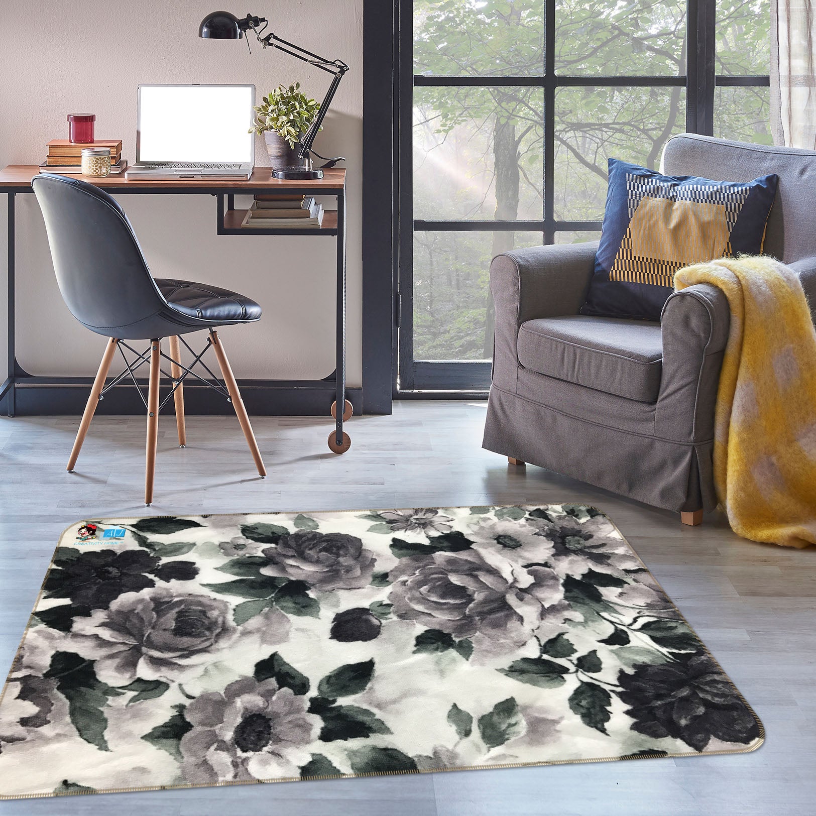 3D Gray Flower 3009 Rug Non Slip Rug Mat