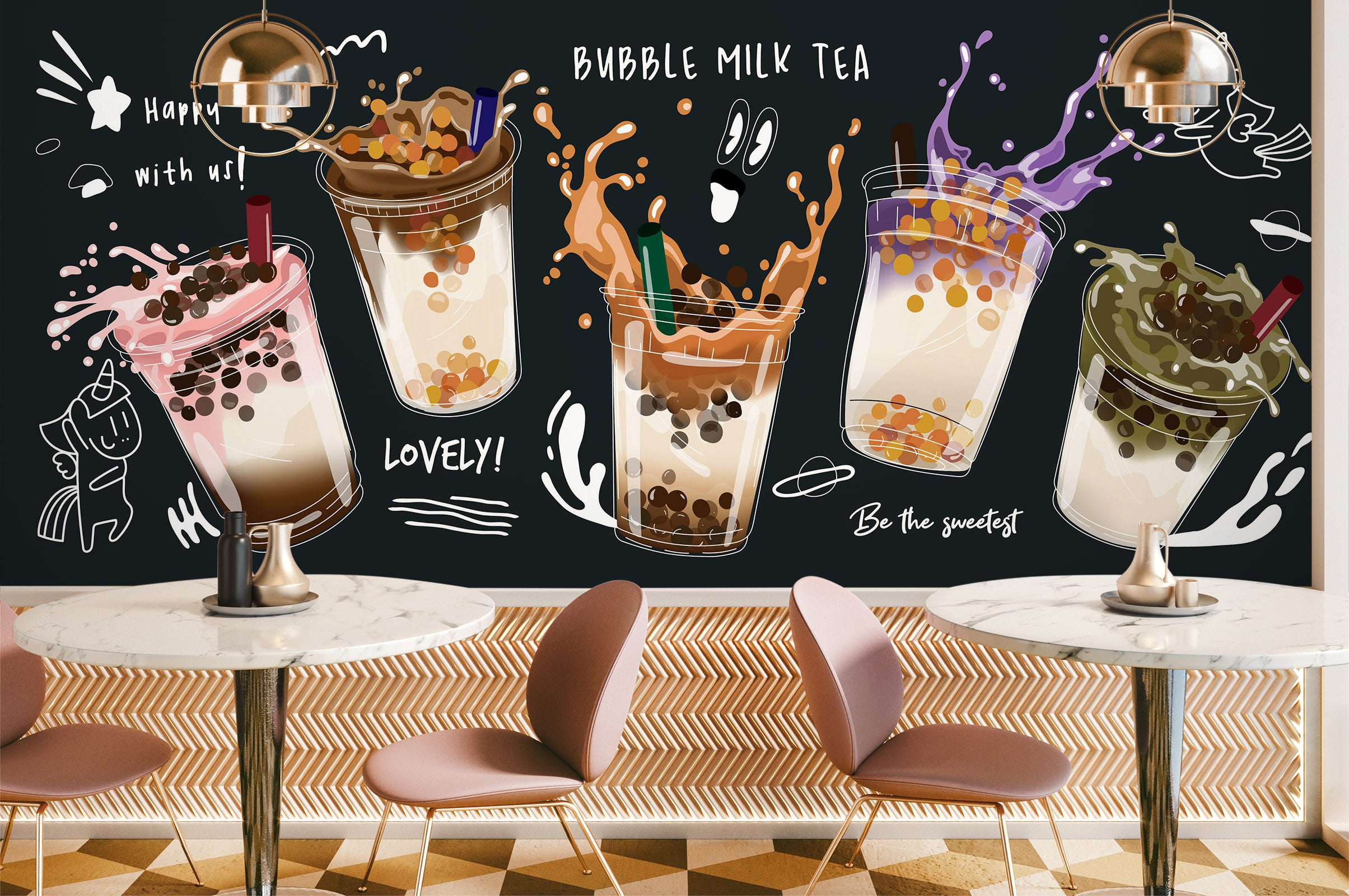 3D Pearl Tea 2061 Fruit Bubble Tea Milk Tea Shop Wall Murals