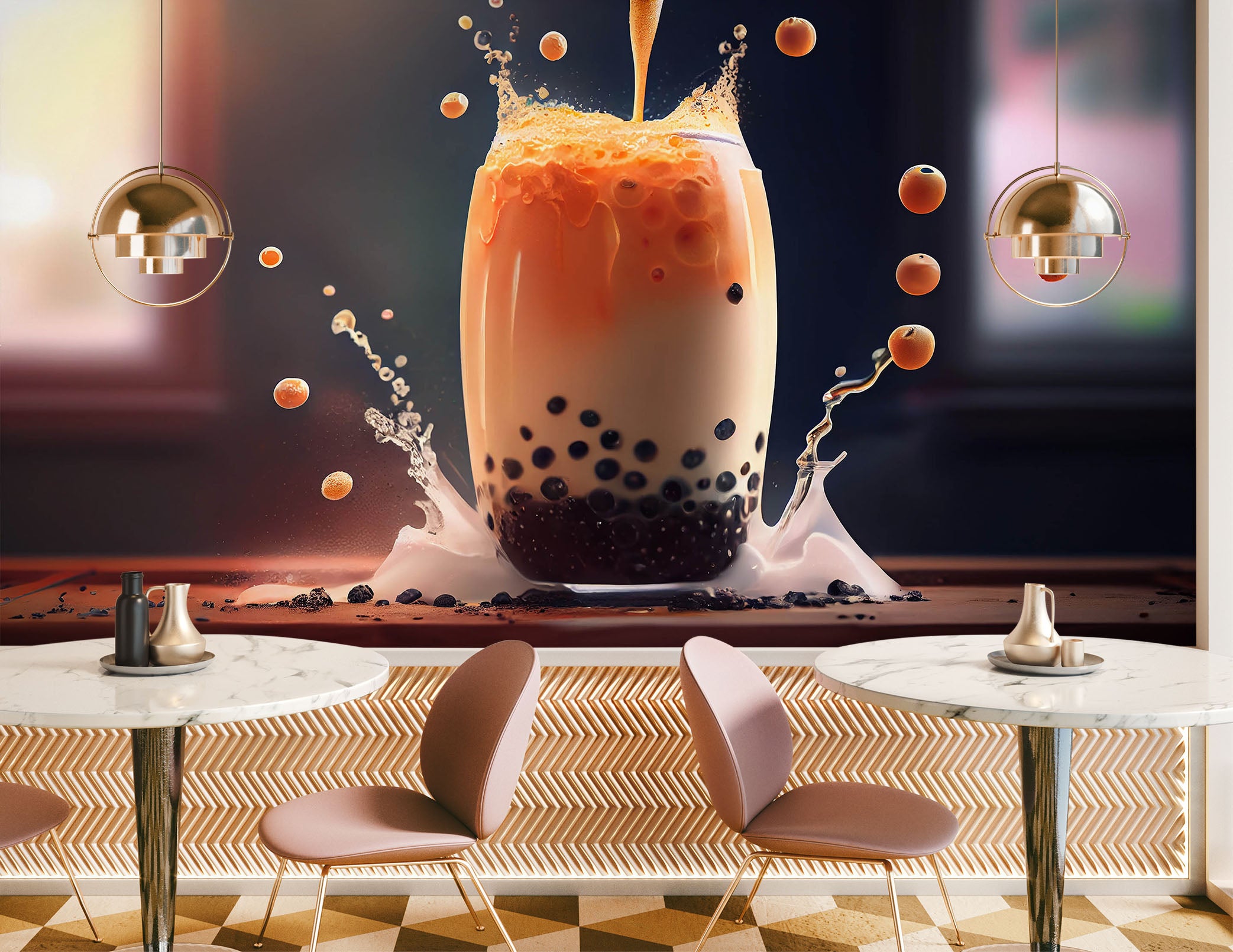 3D Pearl Tea 2026 Fruit Bubble Tea Milk Tea Shop Wall Murals