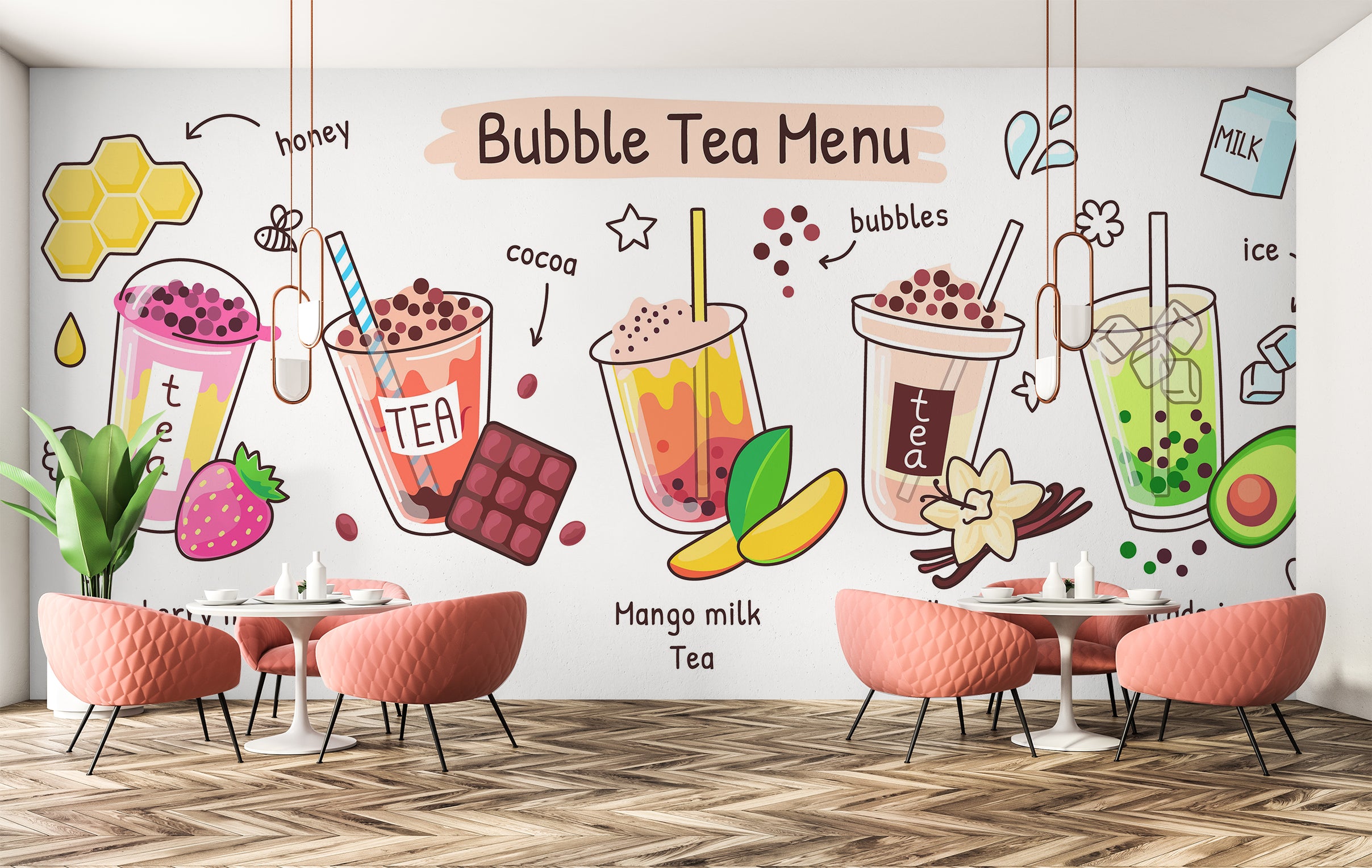 3D Pearl Tea 2002 Fruit Bubble Tea Milk Tea Shop Wall Murals