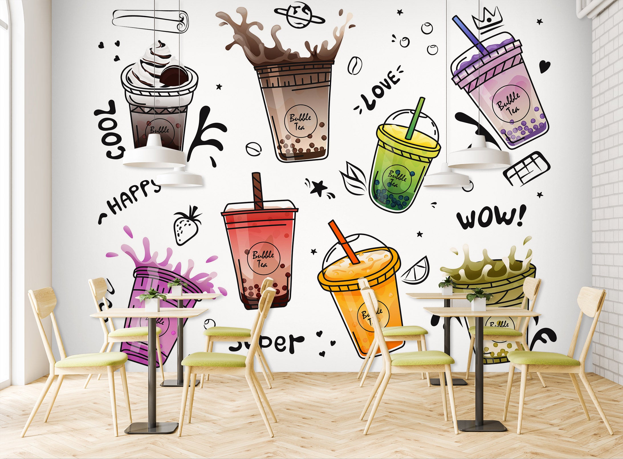 3D Pearl Tea 2087 Fruit Bubble Tea Milk Tea Shop Wall Murals