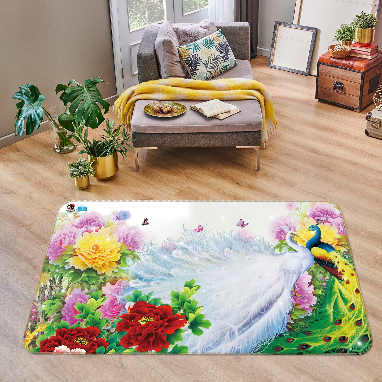 3D Peacock Peony 3032 Rug Non Slip Rug Mat