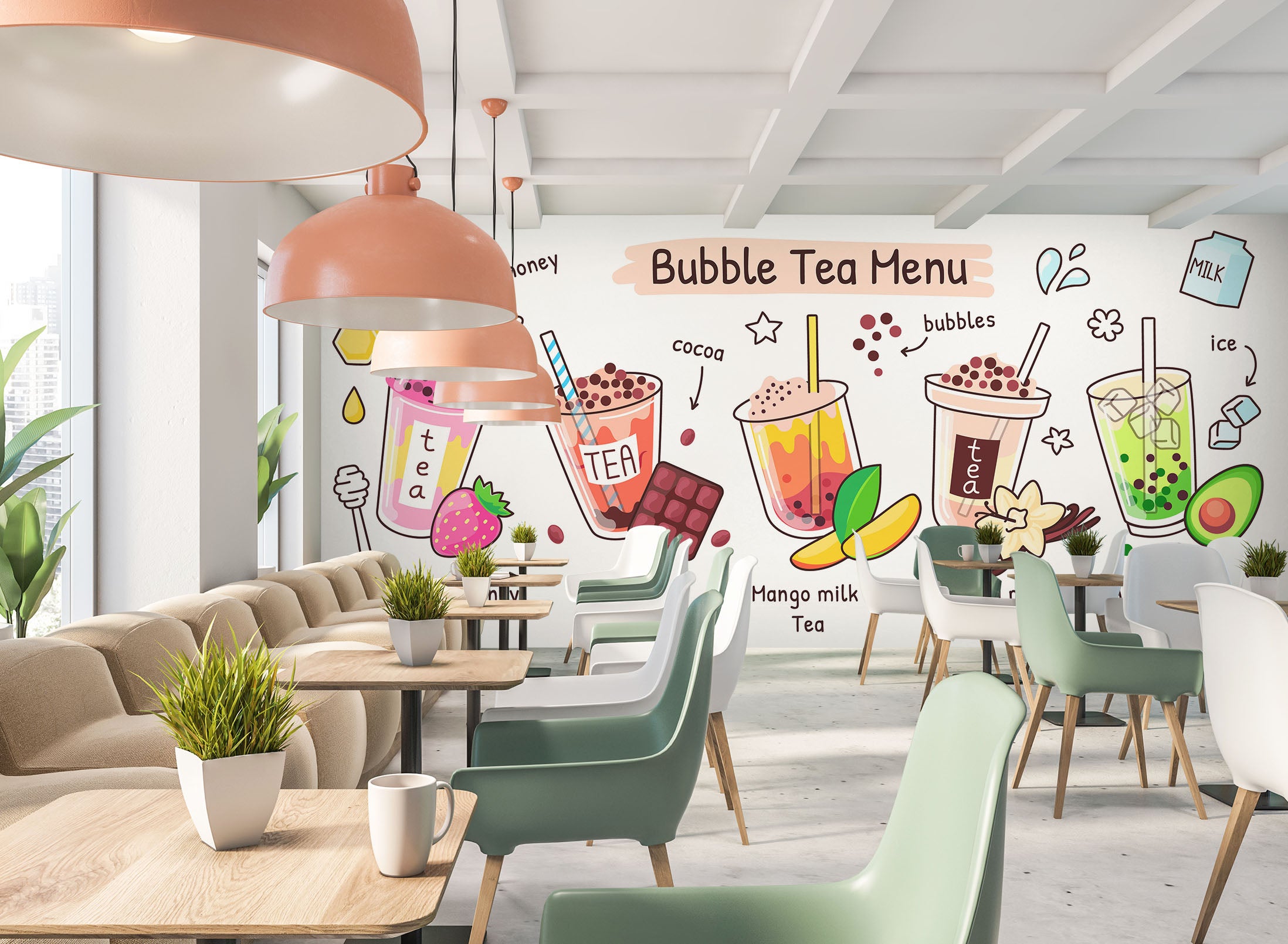 3D Pearl Tea 2002 Fruit Bubble Tea Milk Tea Shop Wall Murals