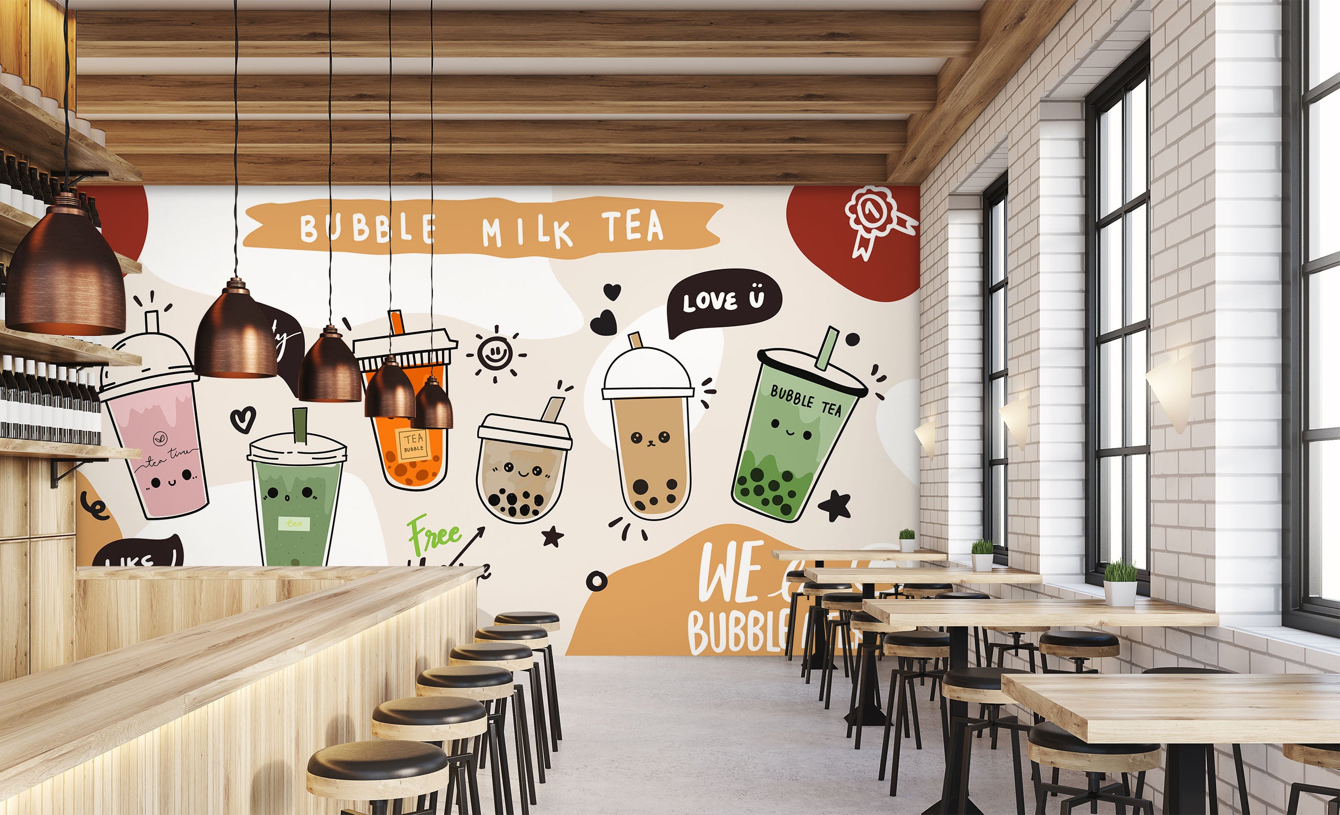 3D Pearl Tea 2057 Fruit Bubble Tea Milk Tea Shop Wall Murals