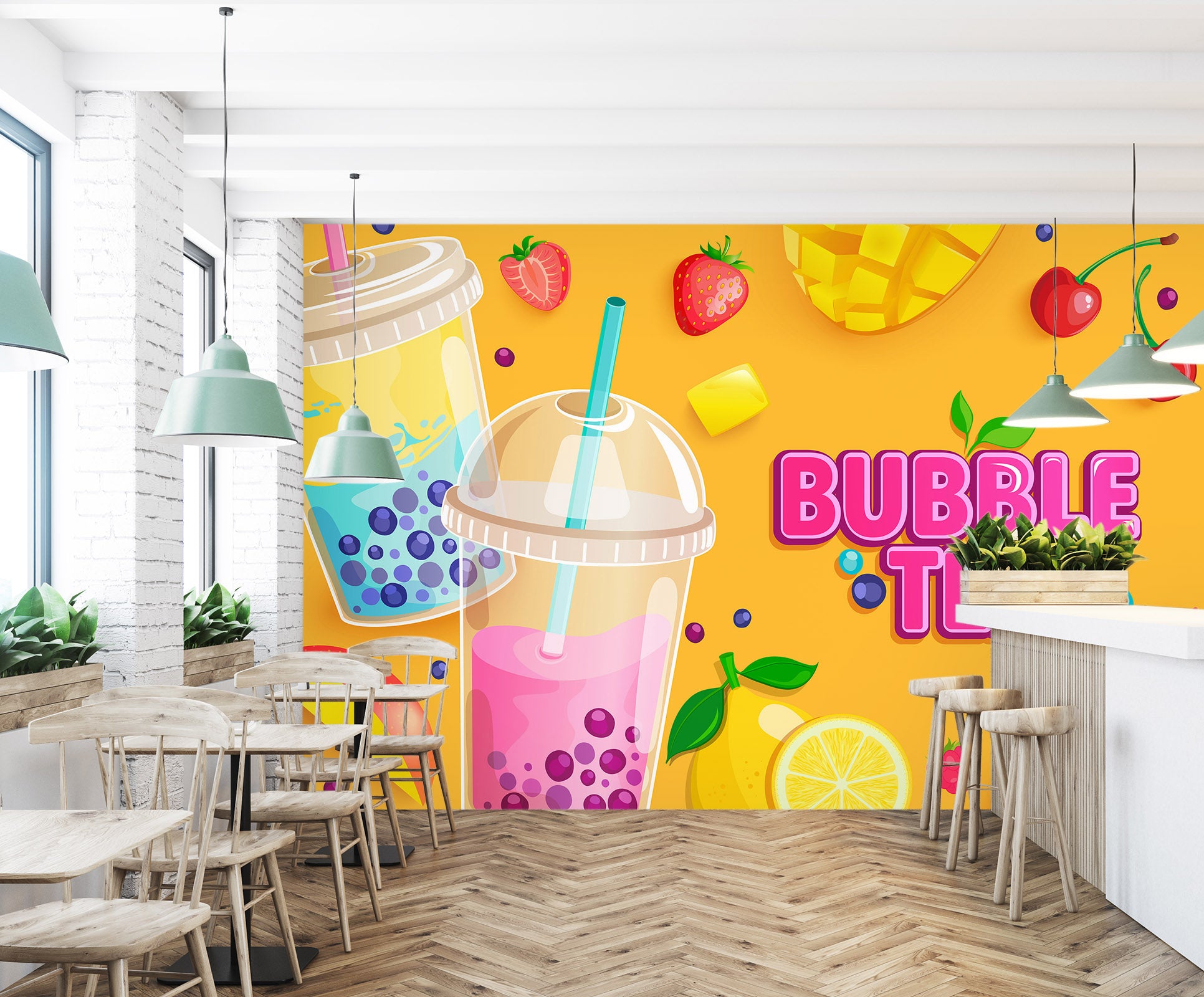 3D Pearl Tea 2068 Fruit Bubble Tea Milk Tea Shop Wall Murals