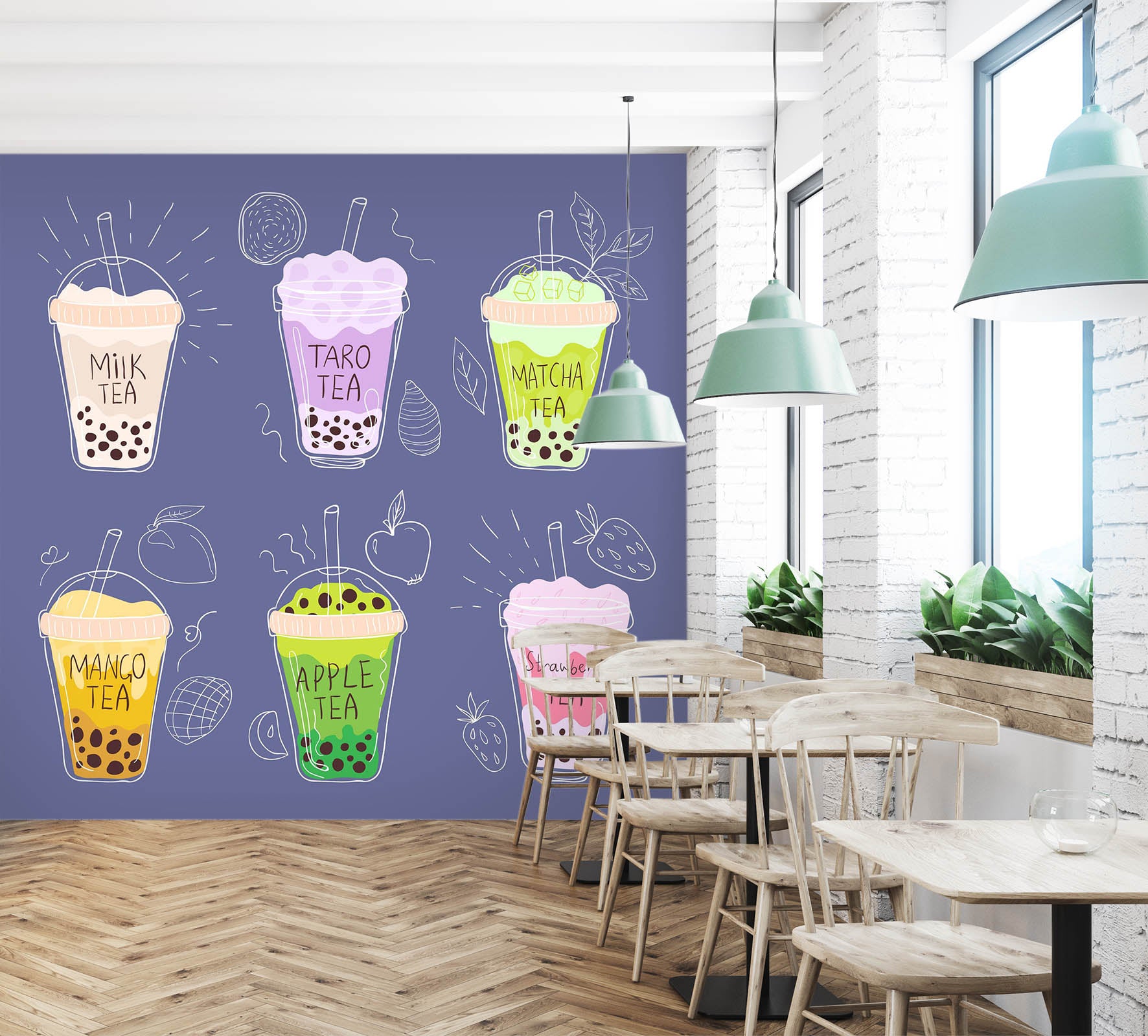 3D Pearl Tea 2030 Fruit Bubble Tea Milk Tea Shop Wall Murals