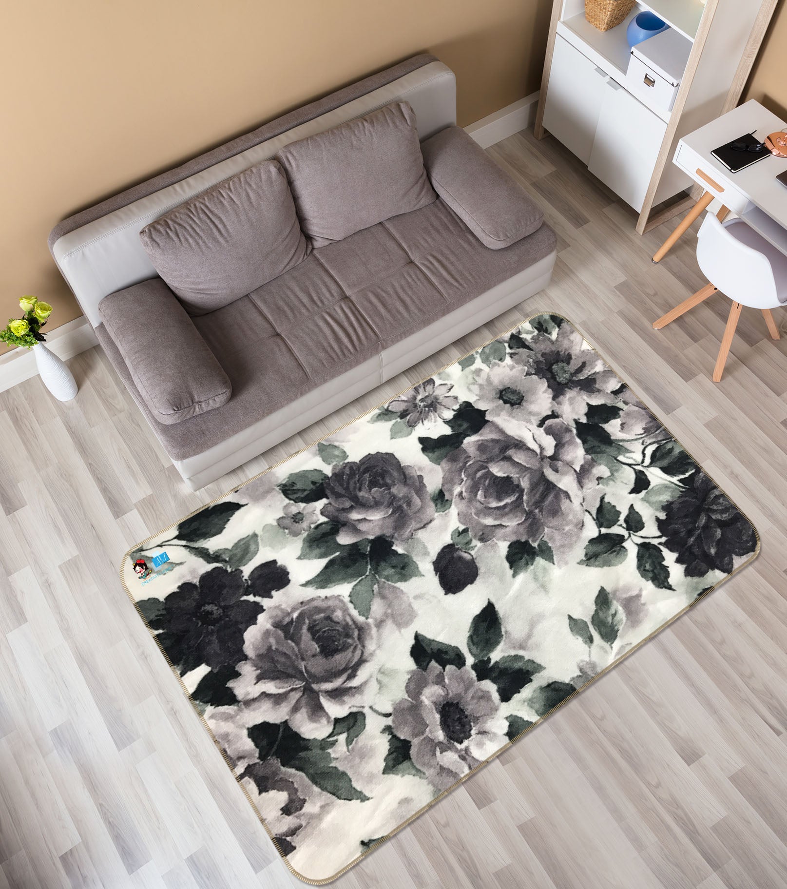 3D Gray Flower 3009 Rug Non Slip Rug Mat