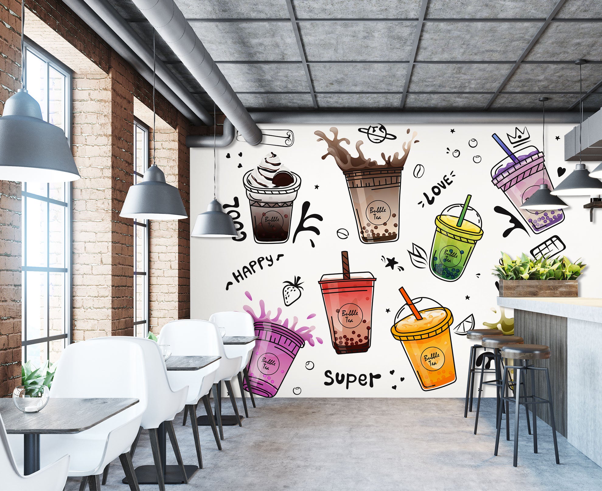 3D Pearl Tea 2087 Fruit Bubble Tea Milk Tea Shop Wall Murals