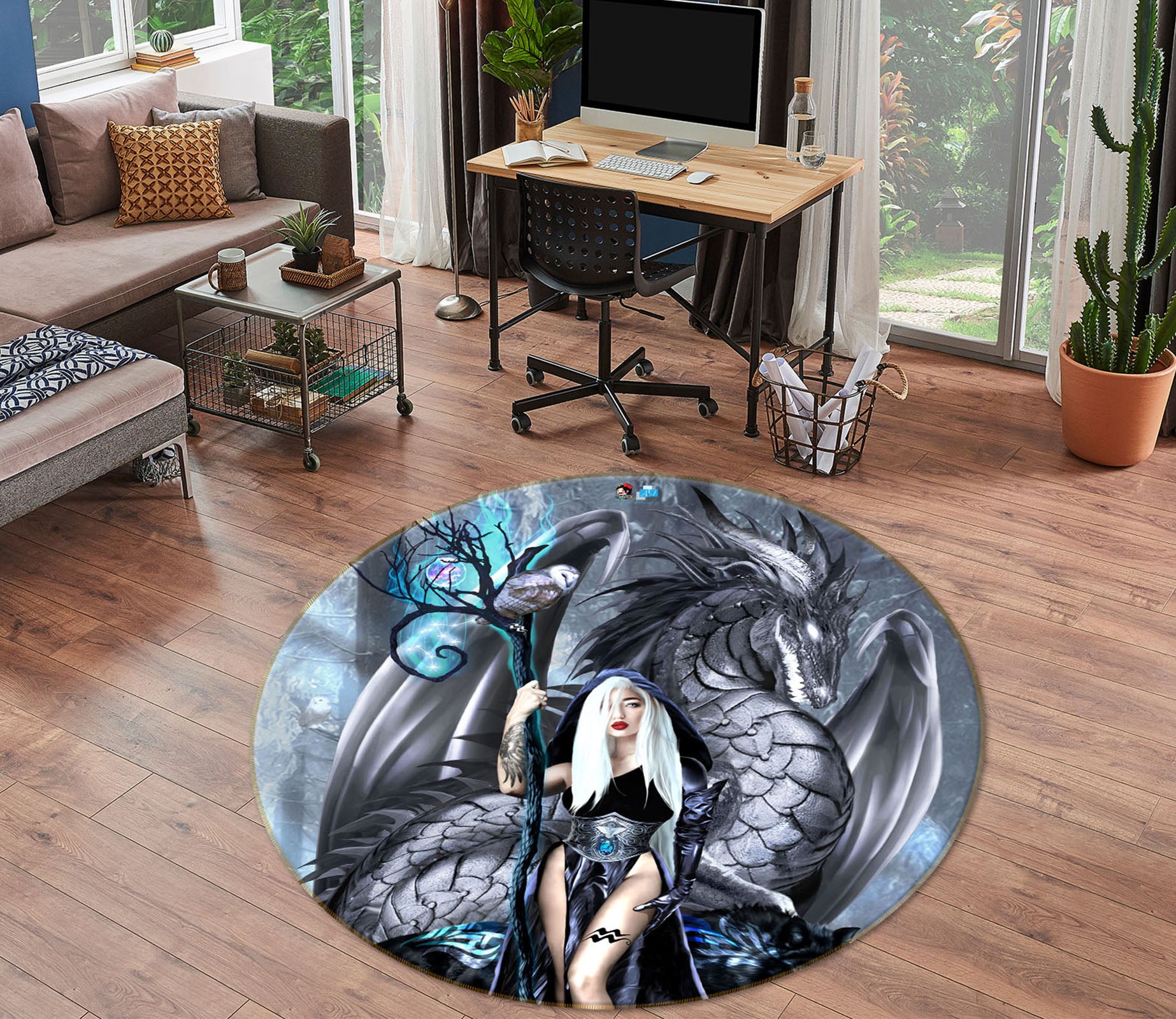 3D Dragon Girl 8351 Ruth Thompson Rug Round Non Slip Rug Mat