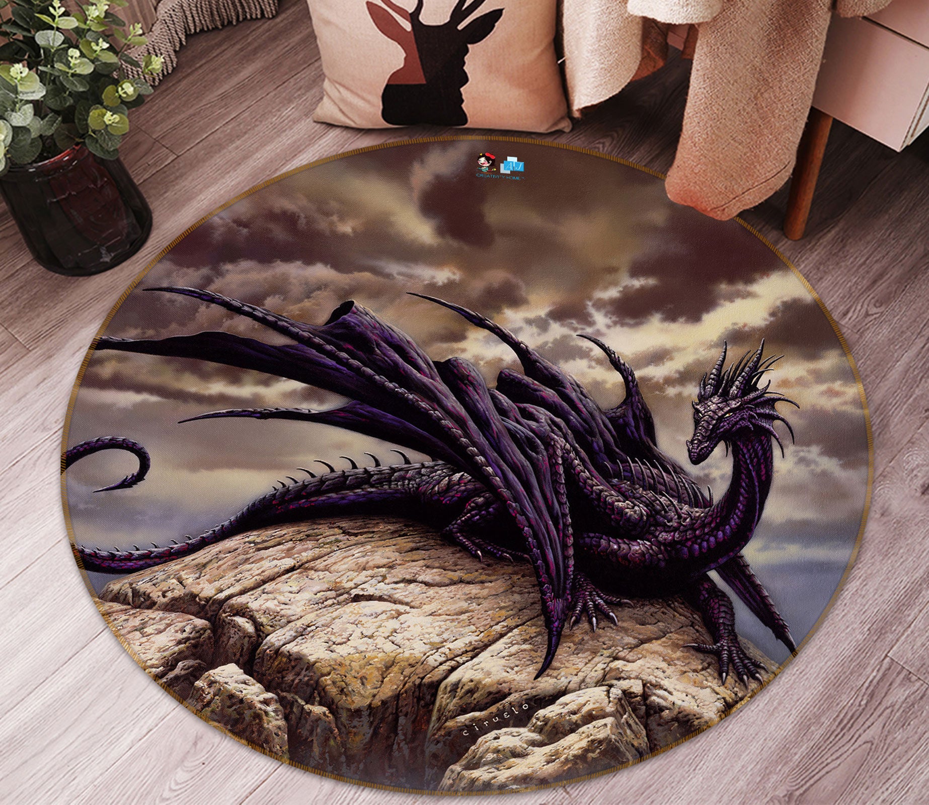 3D Stone Dragon 6085 Ciruelo Rug Round Non Slip Rug Mat