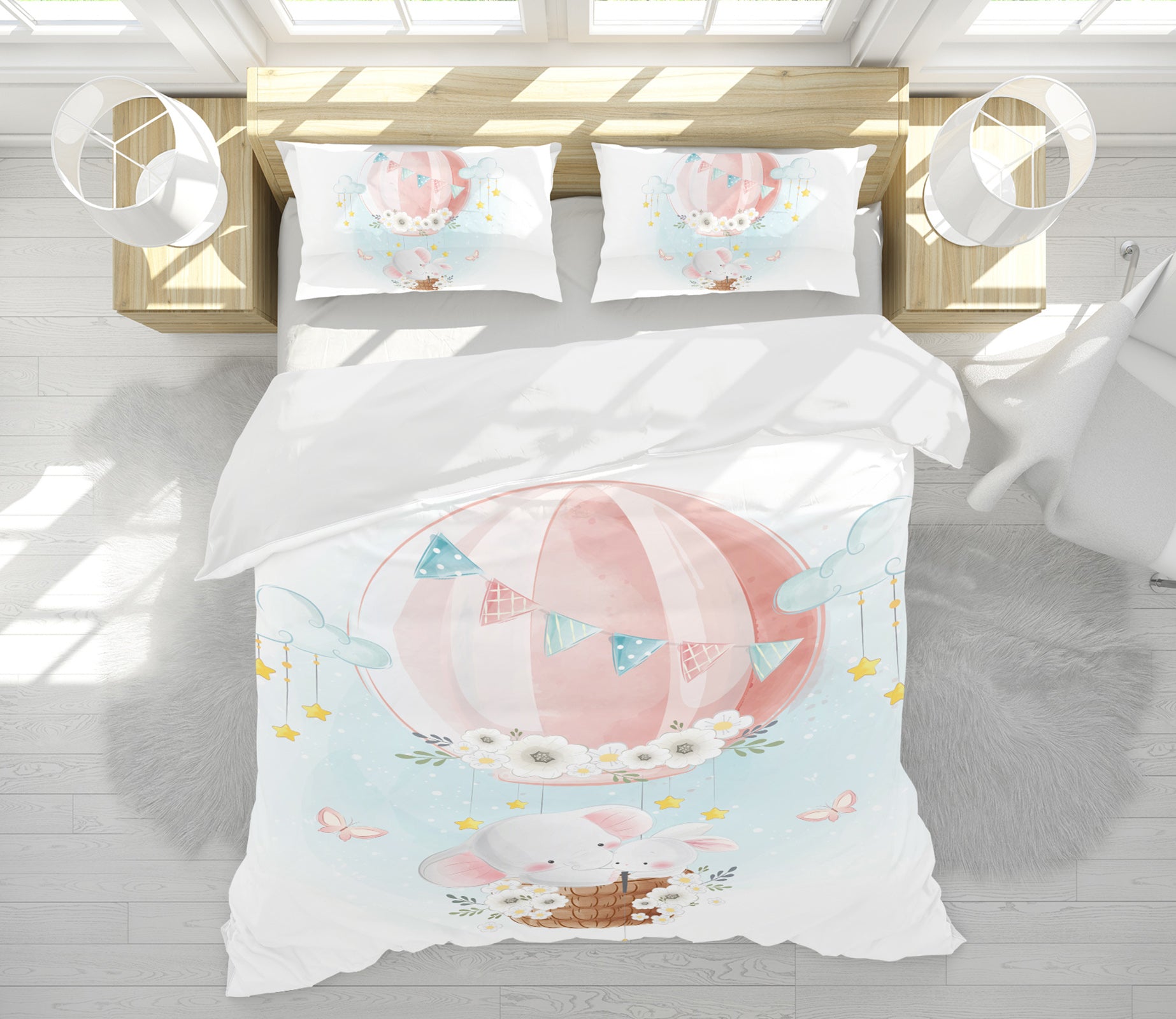 3D Pink Hot Air Balloon Elephant 64022 Bed Pillowcases Quilt