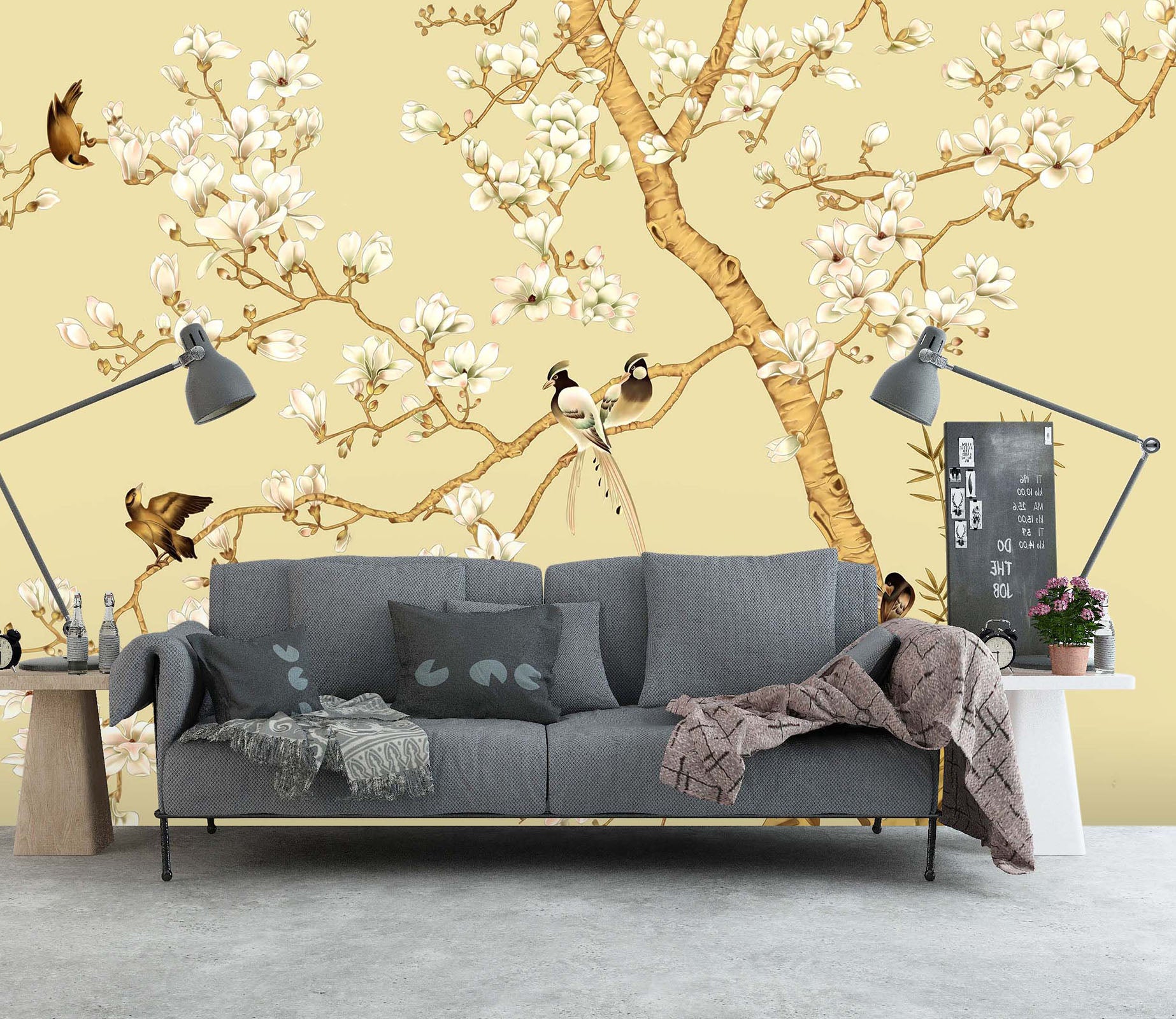 3D Flower Bird Yellow 022 Wall Murals