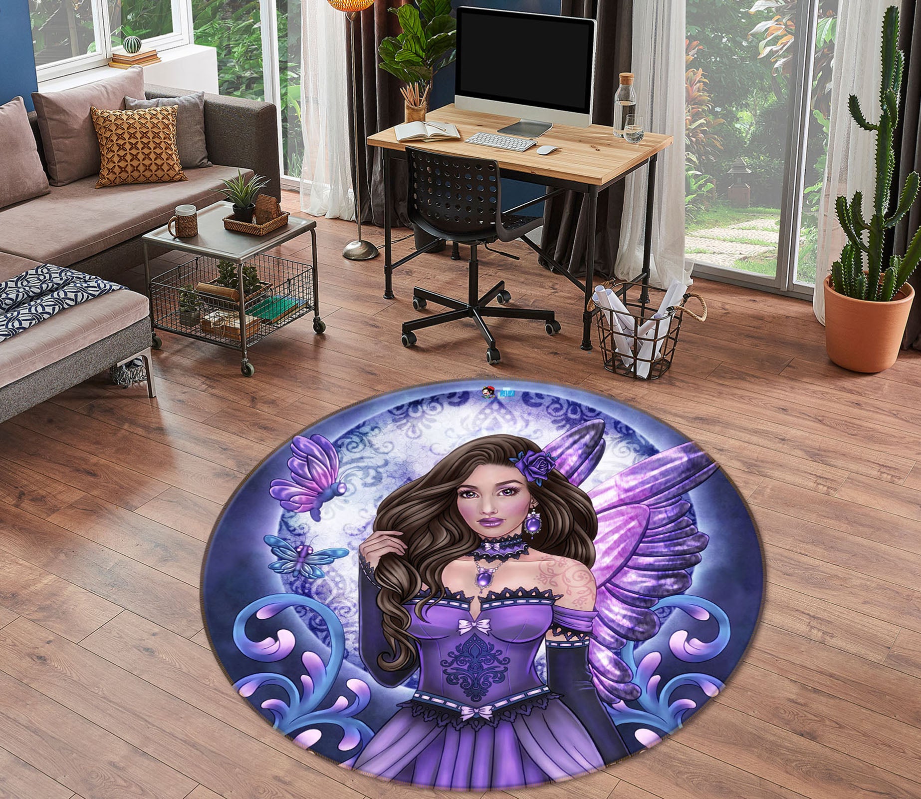 3D Purple Butterfly Woman 8899 Brigid Ashwood Rug Round Non Slip Rug Mat