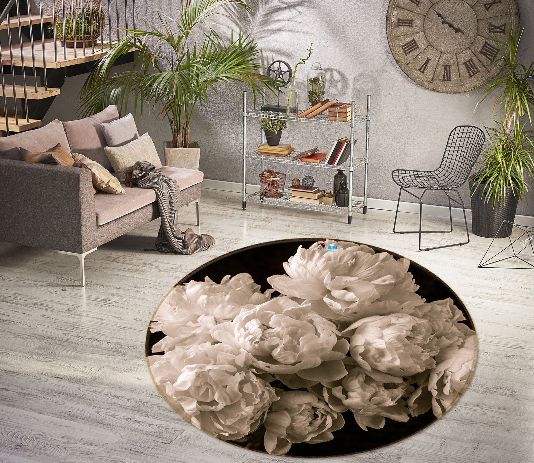 3D Gray Flower 7524 Assaf Frank Rug Round Non Slip Rug Mat