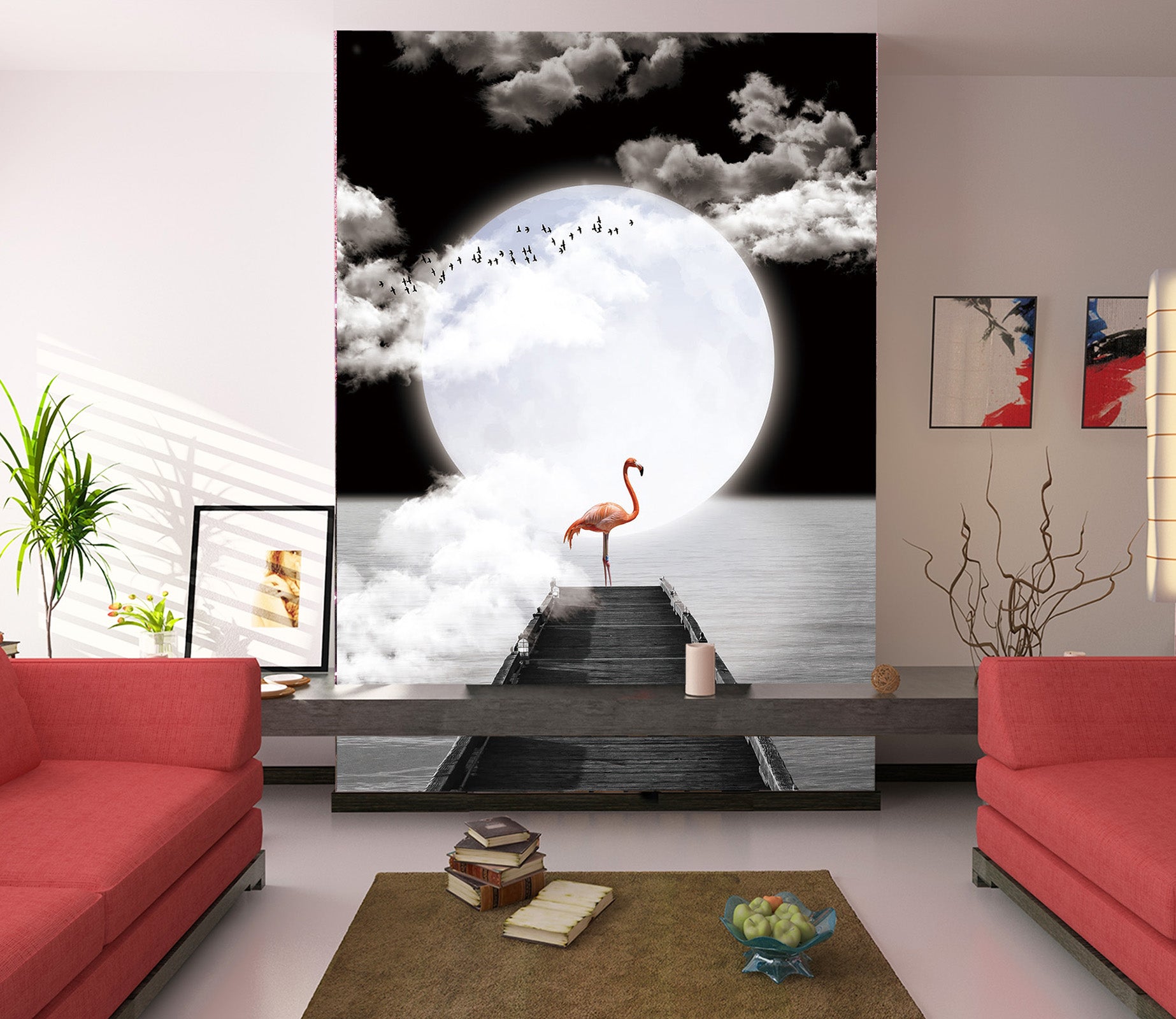 3D Moon Flamingo 119 Wall Murals