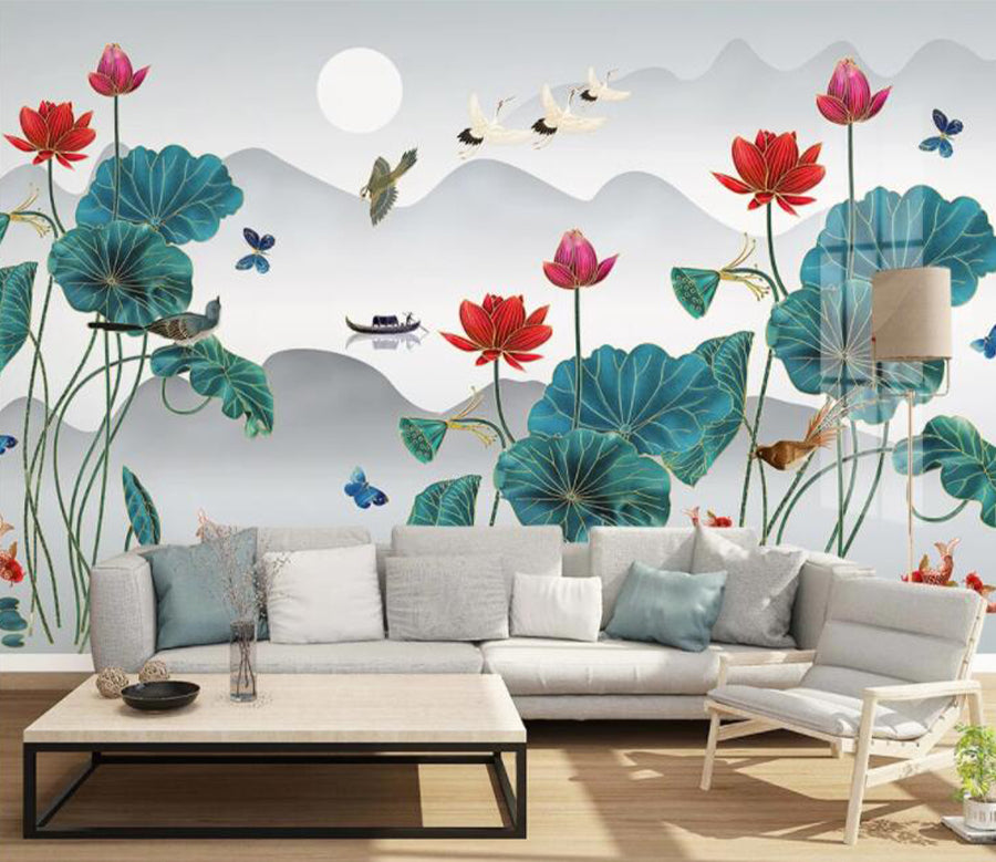 3D Lotus Goldfish WC2627 Wall Murals