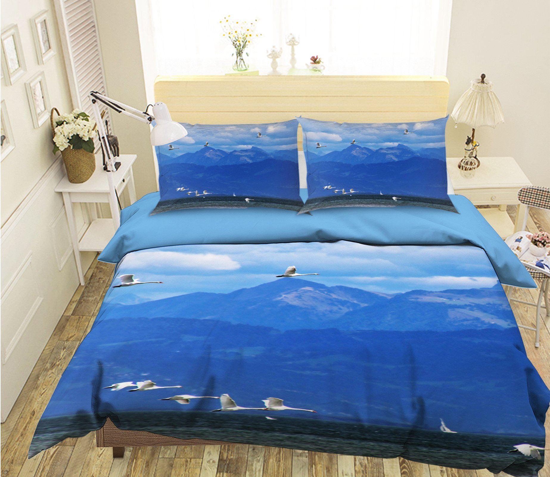 3D Mountains Flying White Crane 1939 Bed Pillowcases Quilt Quiet Covers AJ Creativity Home 