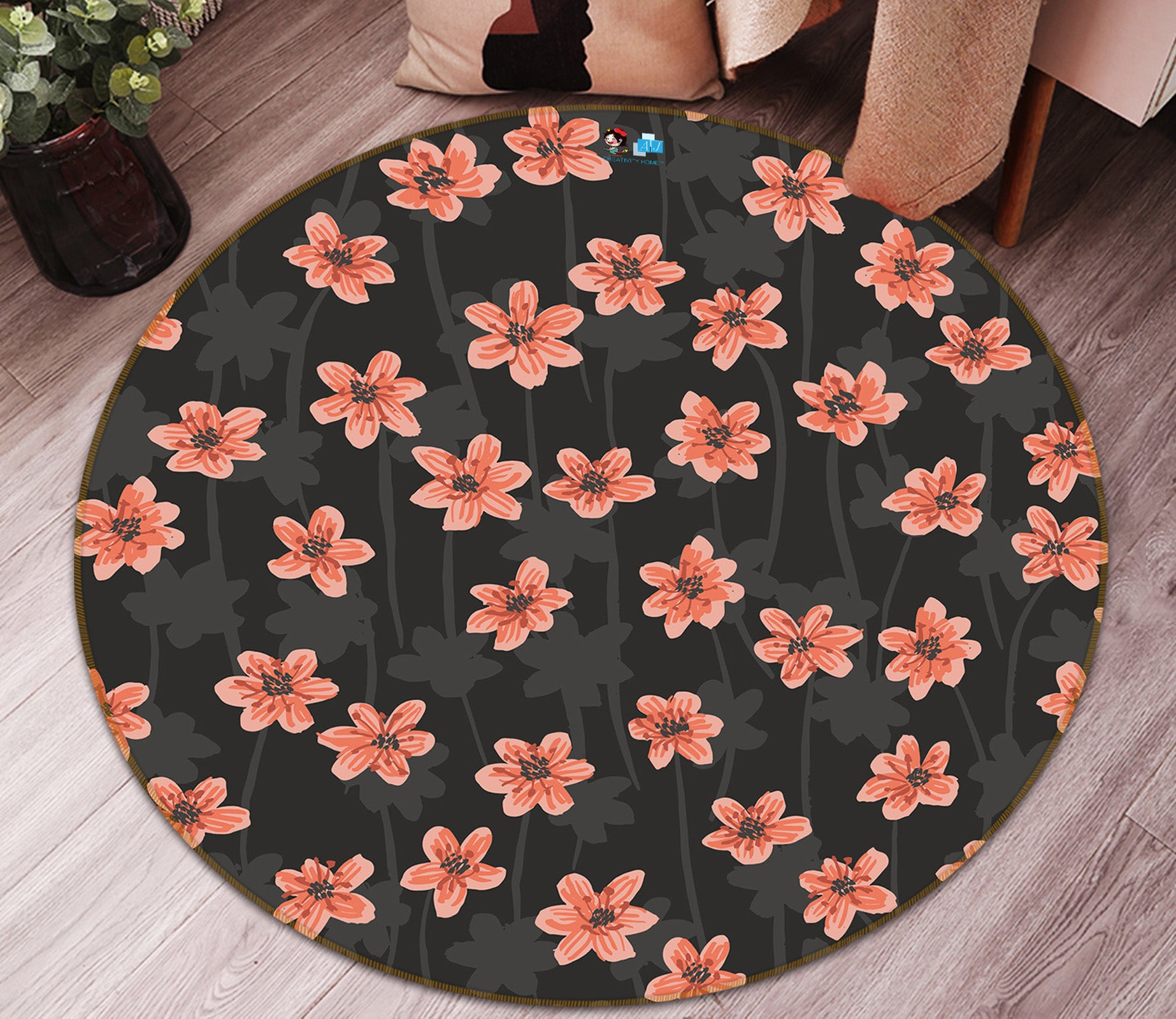 3D Red Floral 10545 Kashmira Jayaprakash Rug Round Non Slip Rug Mat