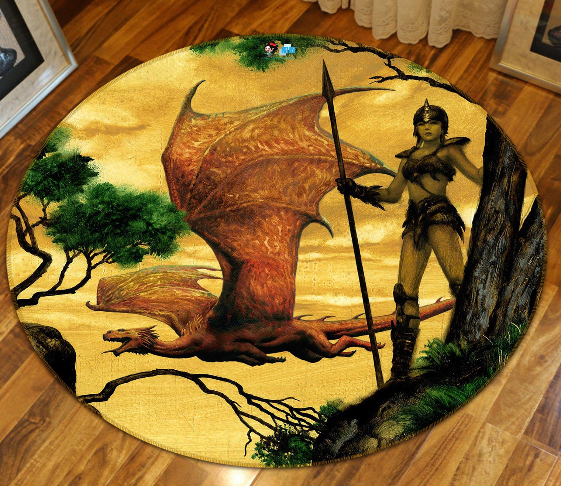 3D Pterosaur Tree Warrior 6120 Ciruelo Rug Round Non Slip Rug Mat