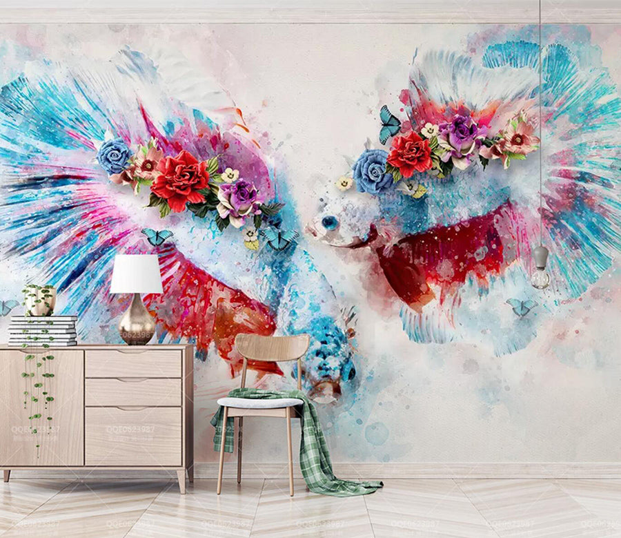 3D Blue Fish Rose WC690 Wall Murals