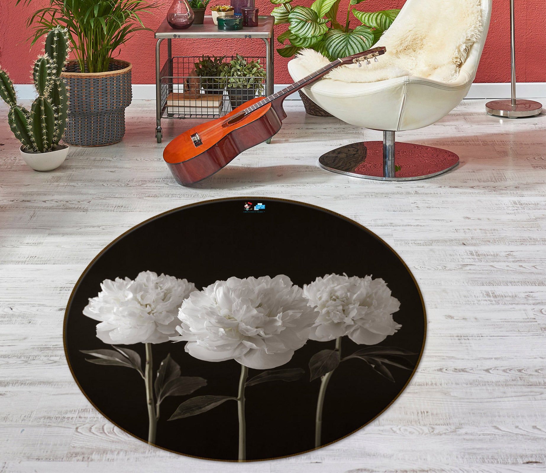 3D White Flower 7520 Assaf Frank Rug Round Non Slip Rug Mat