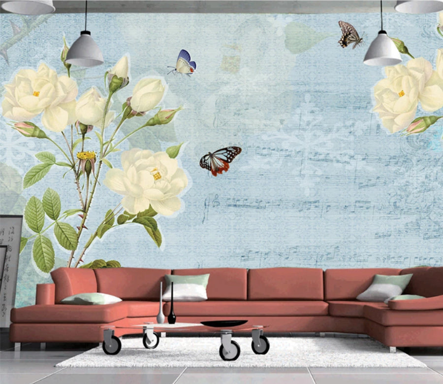 3D White Flower Butterfly WC108 Wall Murals