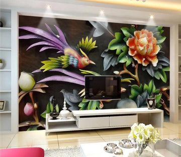 3D Parrot Peony WC1030 Wall Murals