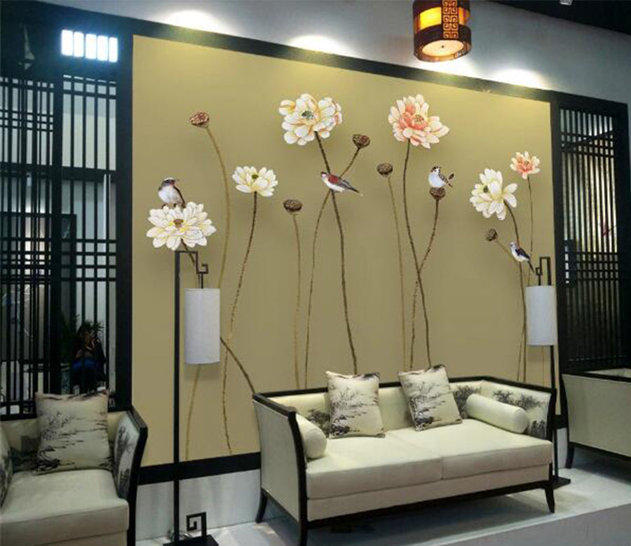 3D Lotus Bird WC1110 Wall Murals