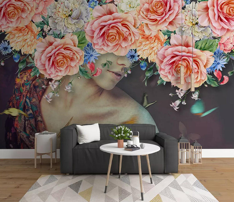 3D Pink Rose Woman WC540 Wall Murals