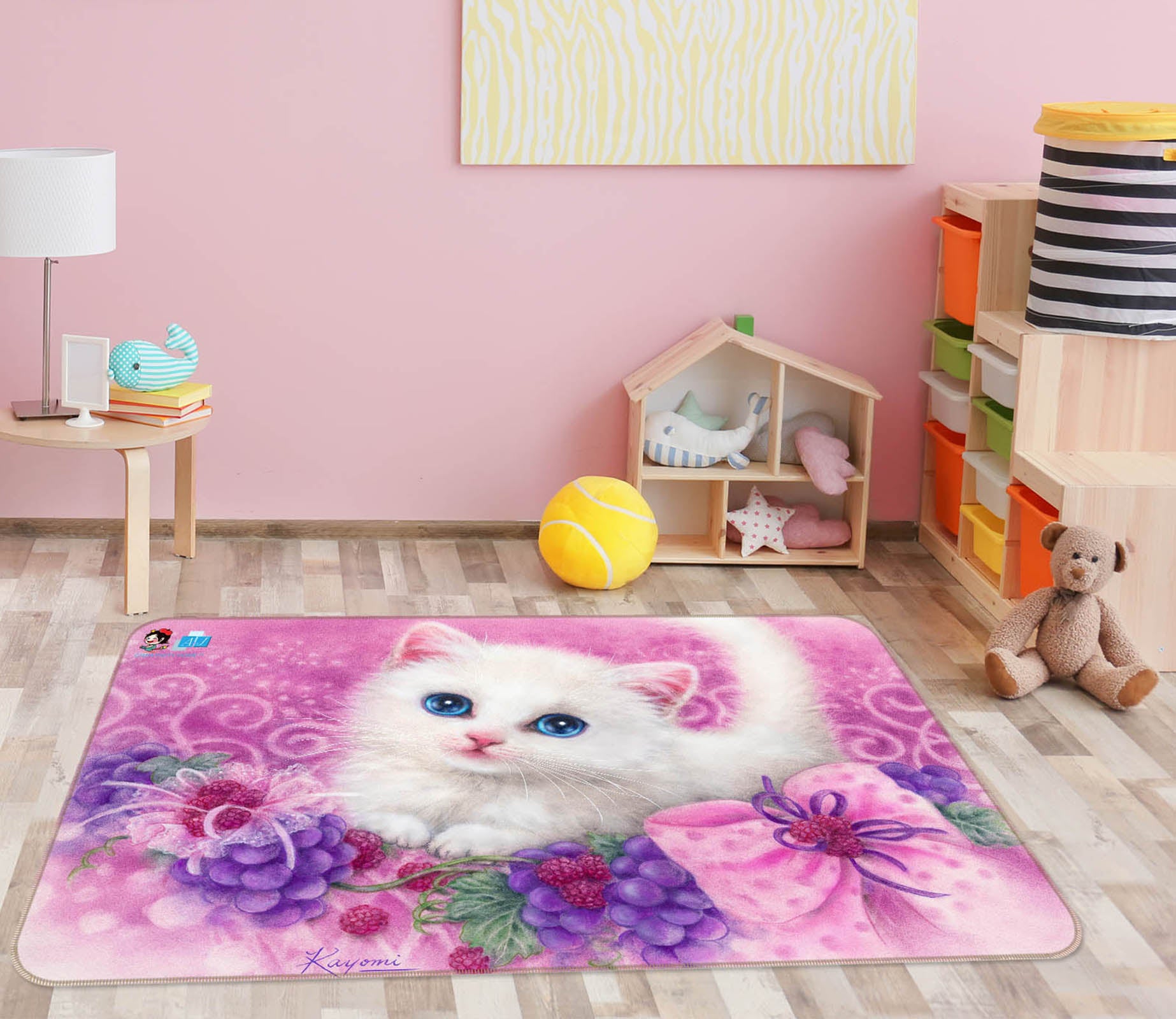 3D Grape White Cat 5638 Kayomi Harai Rug Non Slip Rug Mat