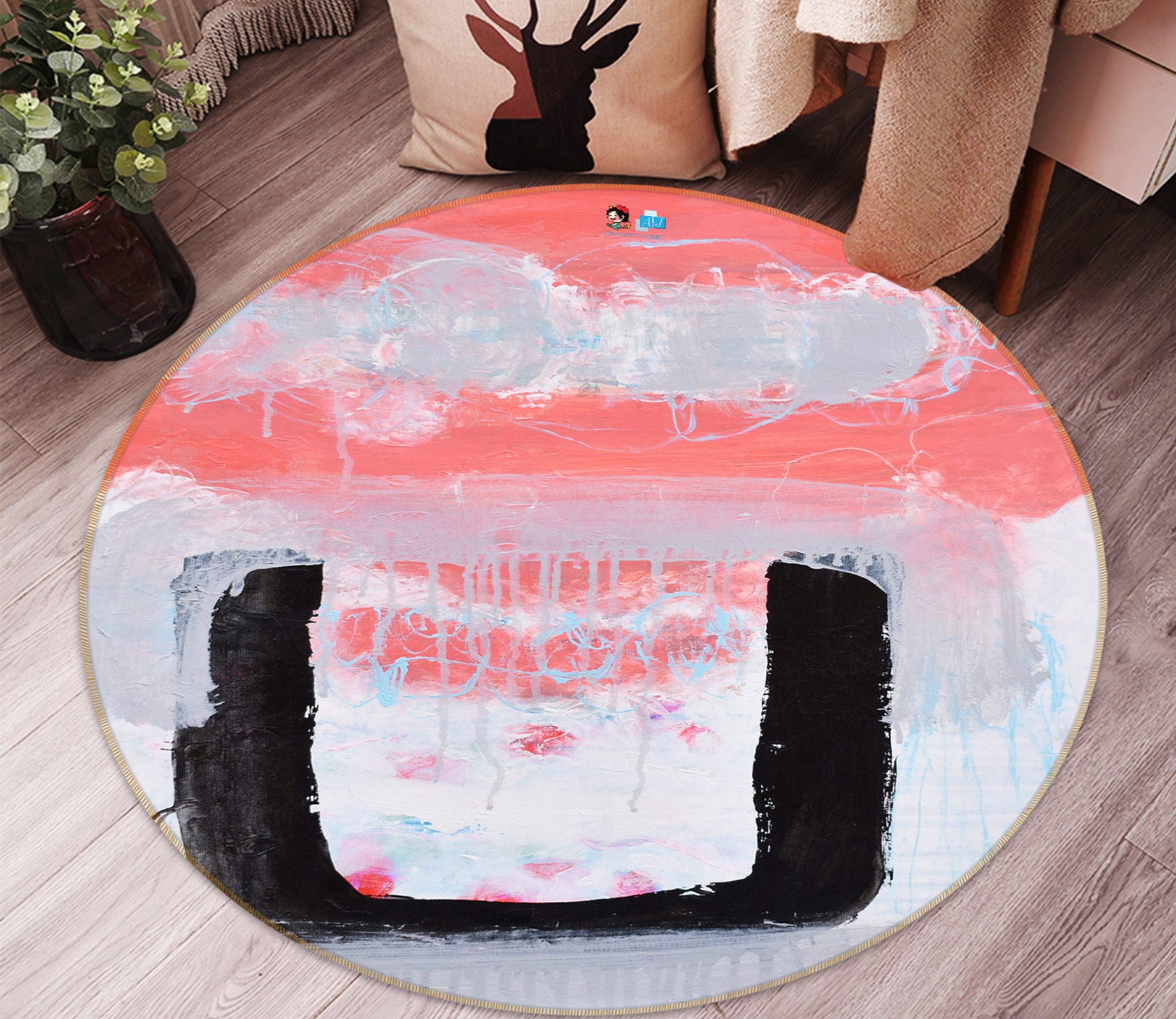 3D Black Pink 1343 Misako Chida Rug Round Non Slip Rug Mat