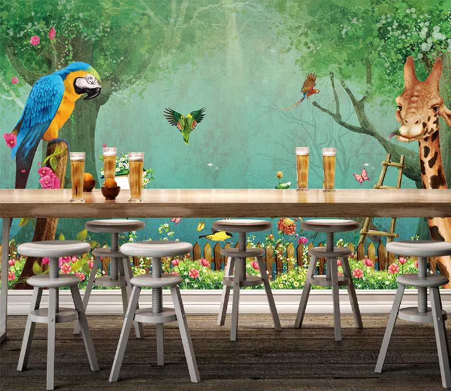 3D Parrot Giraffe WC172 Wall Murals