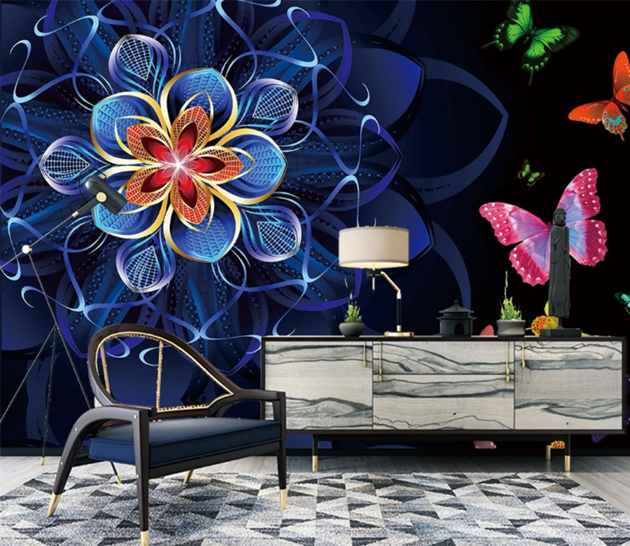 3D Blue Flower Butterfly WC1835 Wall Murals