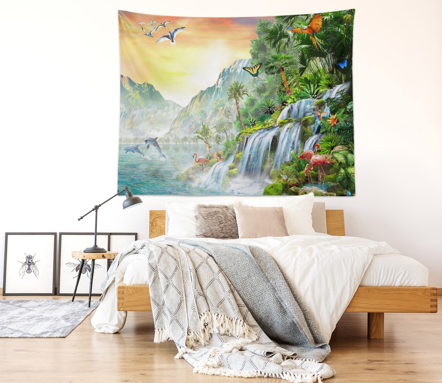 3D Waterfall Flamingo 715 Adrian Chesterman Tapestry Hanging Cloth Hang