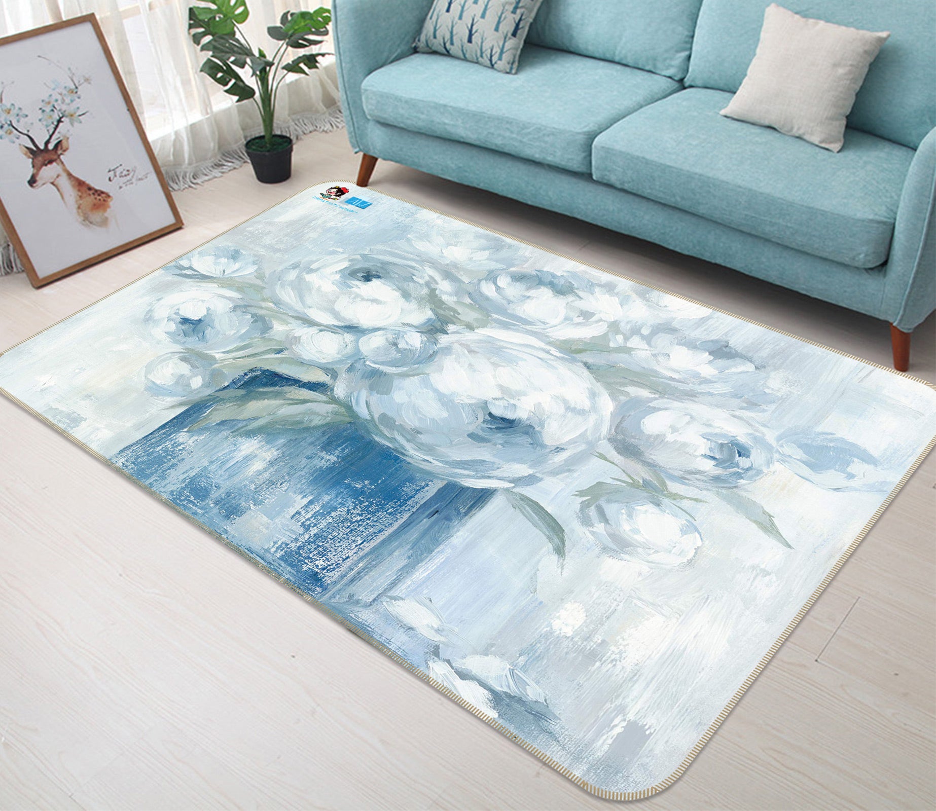 3D White Flowers 1030 Debi Coules Rug Non Slip Rug Mat